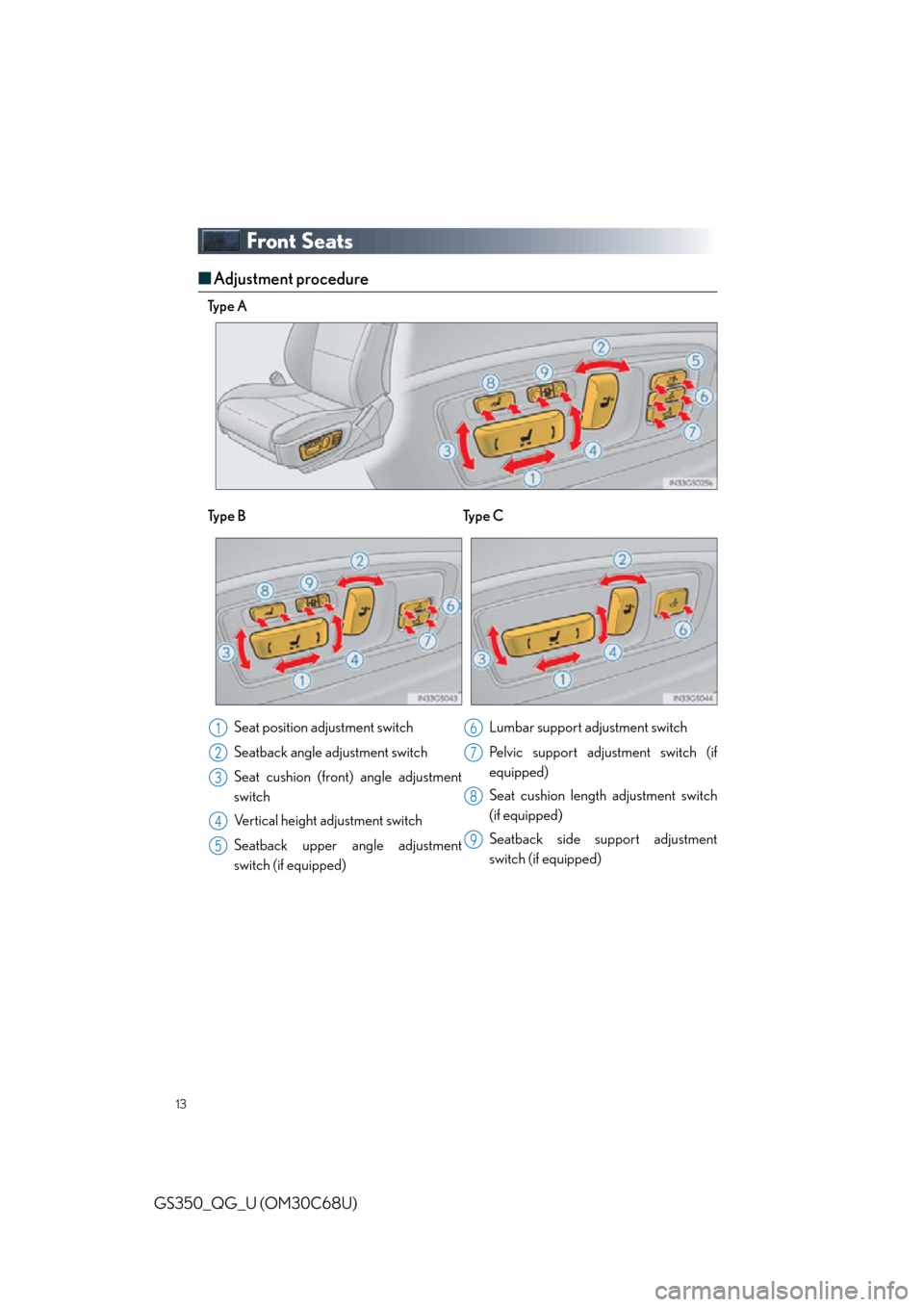 Lexus GS350 2013  Using the driving support systems / LEXUS 2013 GS350 QUICK GUIDE  (OM30C68U) User Guide 13
GS350_QG_U (OM30C68U)
Front Seats
■Adjustment procedure
Ty p e  A
Ty p e  B Ty p e  C
Seat position adjustment switch
Seatback angle adjustment switch
Seat cushion (front) angle adjustment 
switc