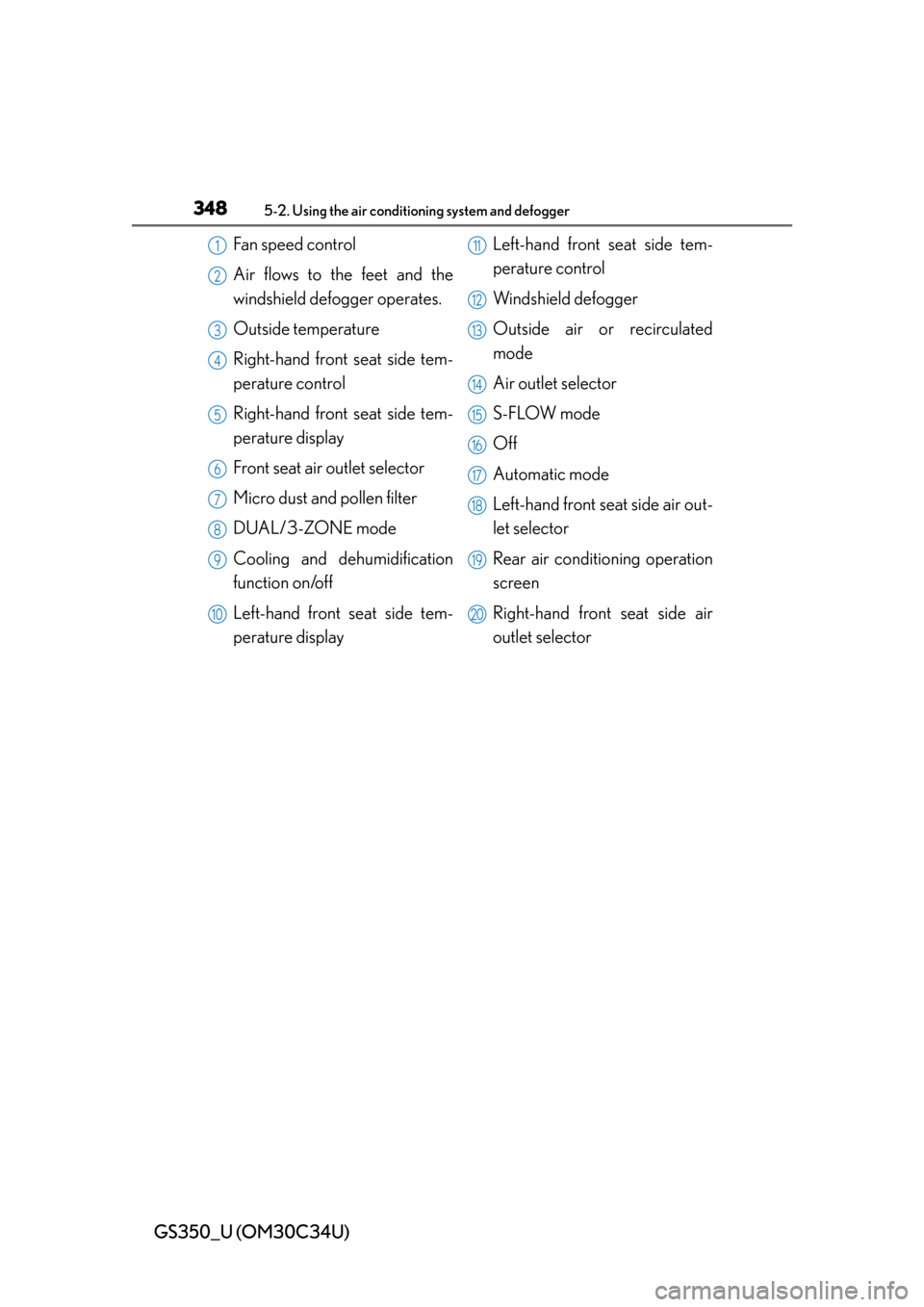 Lexus GS350 2013  Warranty and Services Guide / LEXUS 2013 GS350 OWNERS MANUAL (OM30C34U) 348
GS350_U (OM30C34U)
5-2. Using the air conditioning system and defogger
Fan speed control
Air flows to the feet and the
windshield defogger operates.
Outside temperature
Right-hand front seat side 