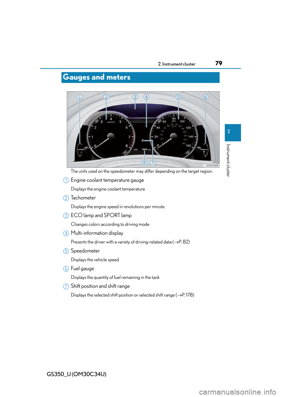 Lexus GS350 2013  Warranty and Services Guide / LEXUS 2013 GS350 OWNERS MANUAL (OM30C34U) 79
GS350_U (OM30C34U)2. Instrument cluster
2
Instrument cluster
Gauges and meters
The units used on the speedometer may di ffer depending on the target region.
Engine coolant temperature gauge
Display