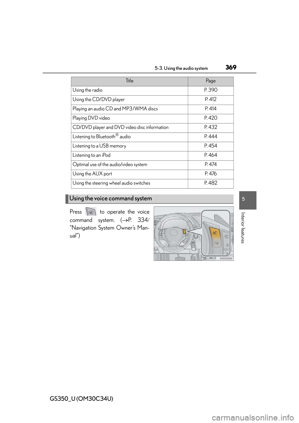 Lexus GS350 2013  Other interior features / LEXUS 2013 GS350 OWNERS MANUAL (OM30C34U) GS350_U (OM30C34U)
3695-3. Using the audio system
5
Interior featuresPress   to operate the voice
command system. (P.  3 3 4 
“Navigation System Owner’s Man-
ual”)
Ti t l ePa g e
Using the