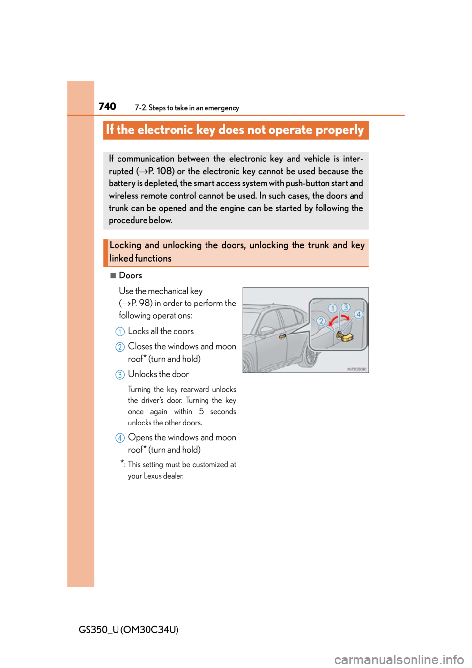 Lexus GS350 2013  Other interior features / LEXUS 2013 GS350  (OM30C34U) Owners Manual 740
GS350_U (OM30C34U)
7-2. Steps to take in an emergency
If the electronic key does not operate properly
■Doors
Use the mechanical key 
(P. 98) in order to perform the
following operations:
Lock