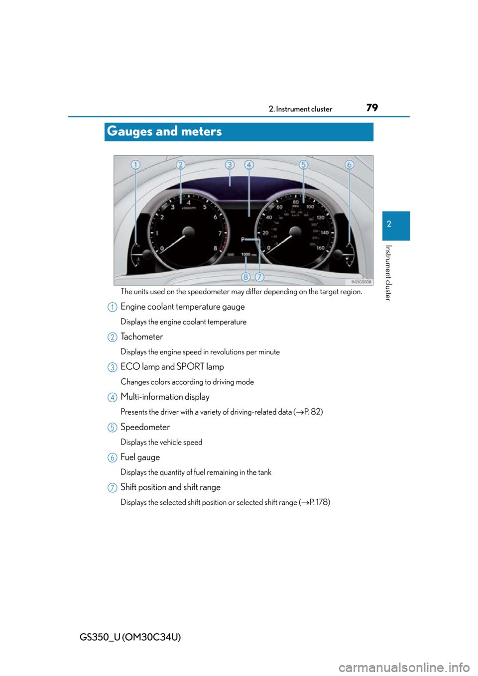 Lexus GS350 2013  Other interior features / LEXUS 2013 GS350 OWNERS MANUAL (OM30C34U) 79
GS350_U (OM30C34U)2. Instrument cluster
2
Instrument cluster
Gauges and meters
The units used on the speedometer may di ffer depending on the target region.
Engine coolant temperature gauge
Display