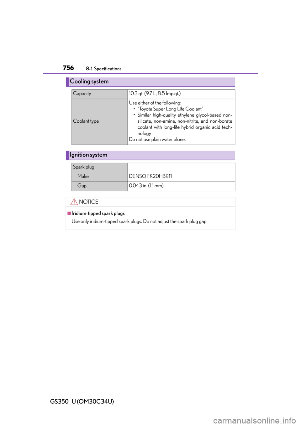 Lexus GS350 2013  Opening, closing and locking the doors and trunk / LEXUS 2013 GS350 OWNERS MANUAL (OM30C34U) 756
GS350_U (OM30C34U)
8-1. Specifications
Cooling system
Capacity10.3 qt. (9.7 L, 8.5 Imp.qt.)
Coolant type
Use either of the following:
• “Toyota Super Long Life Coolant” 
• Similar high-qua