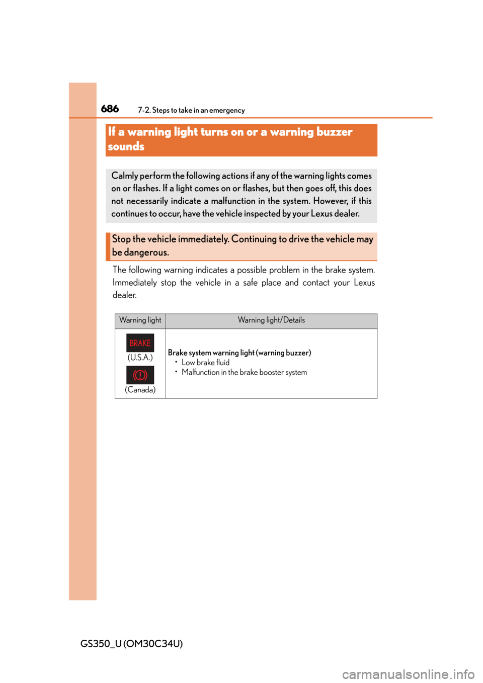 Lexus GS350 2013  Specifications / LEXUS 2013 GS350 OWNERS MANUAL (OM30C34U) 686
GS350_U (OM30C34U)
7-2. Steps to take in an emergency
If a warning light turns on or a warning buzzer 
sounds
The following warning indicates a possible problem in the brake system.
Immediately st