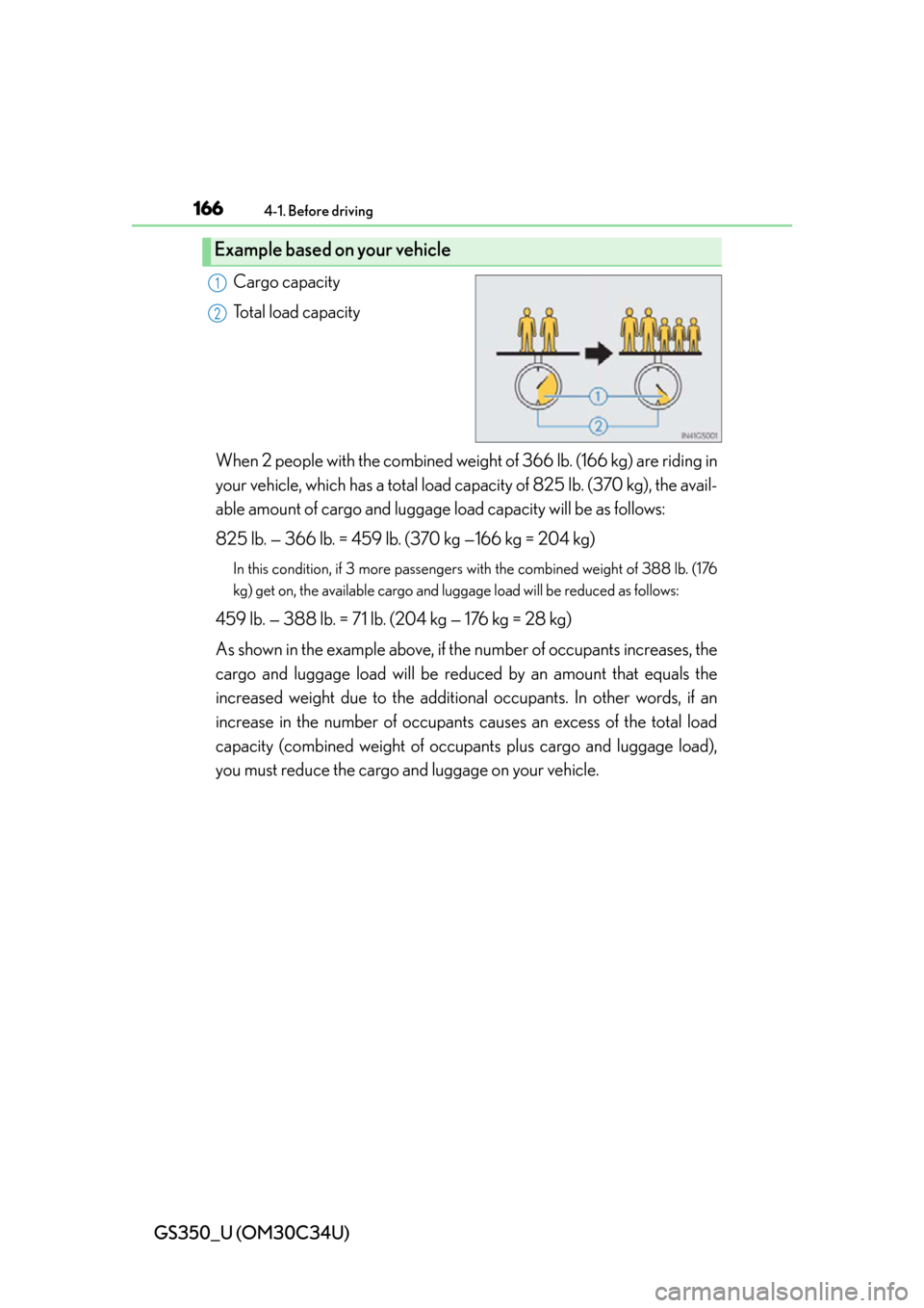 Lexus GS350 2013  2013-2014 GS350/450h TVIP V4 Remote Engine Starter (RES) Owners / LEXUS 2013 GS350 OWNERS MANUAL (OM30C34U) 166
GS350_U (OM30C34U)
4-1. Before driving
Cargo capacity
Total load capacity
When 2 people with the combined weight  of 366 lb. (166 kg) are riding in
your vehicle, which has a  total load capacity o