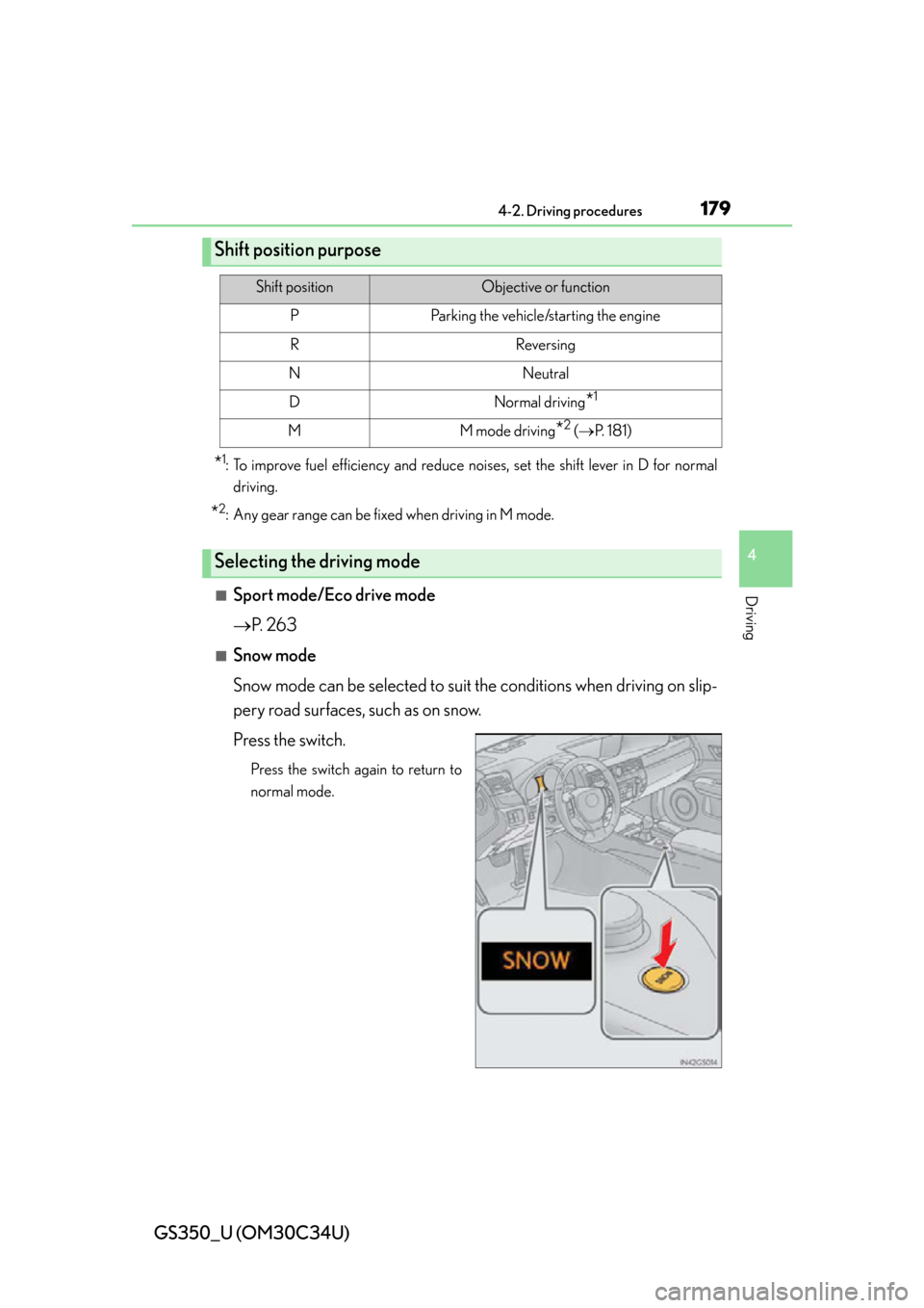 Lexus GS350 2013  2013-2014 GS350/450h TVIP V4 Remote Engine Starter (RES) Owners / LEXUS 2013 GS350 OWNERS MANUAL (OM30C34U) GS350_U (OM30C34U)
1794-2. Driving procedures
4
Driving
*1: To improve fuel efficiency and reduce noises, set the shift lever in D for normaldriving.
*2: Any gear range can be fixed when driving in M 