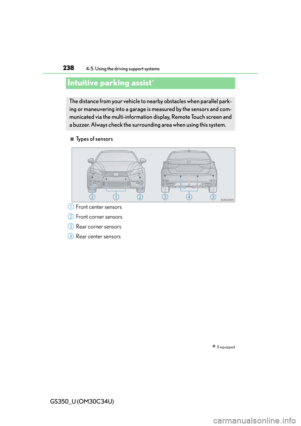 Lexus GS350 2013  2013-2014 GS350/450h TVIP V4 Remote Engine Starter (RES) Owners / LEXUS 2013 GS350 OWNERS MANUAL (OM30C34U) 238
GS350_U (OM30C34U)
4-5. Using the driving support systems
Intuitive parking assist
■Types of sensors
: If equipped
The distance from your vehicle to nearby obstacles when parallel park-
in
