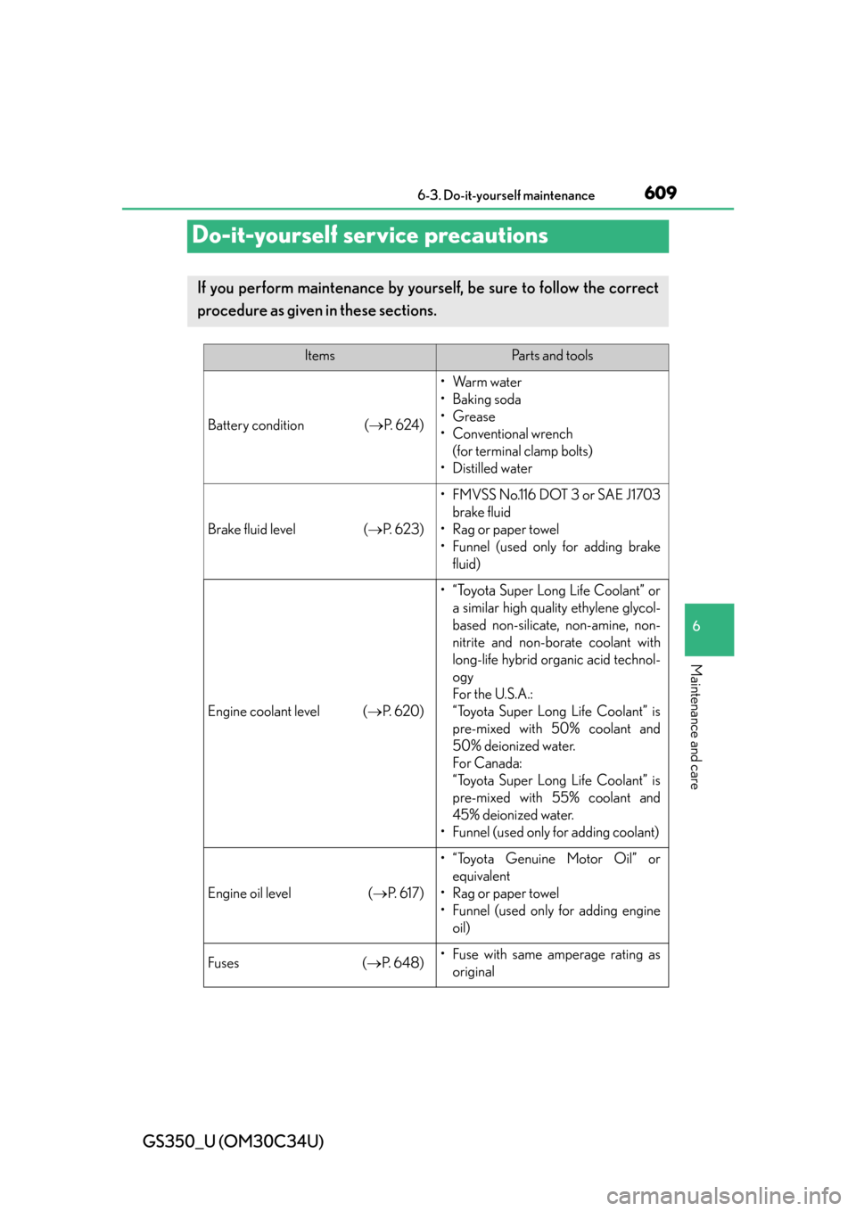 Lexus GS350 2013  2013-2014 GS350/450h TVIP V4 Remote Engine Starter (RES) Owners / LEXUS 2013 GS350 OWNERS MANUAL (OM30C34U) 609
GS350_U (OM30C34U)6-3. Do-it-yourself maintenance
6
Maintenance and care
Do-it-yourself service precautions
If you perform maintenance by yourself, be sure to follow the correct
procedure as given