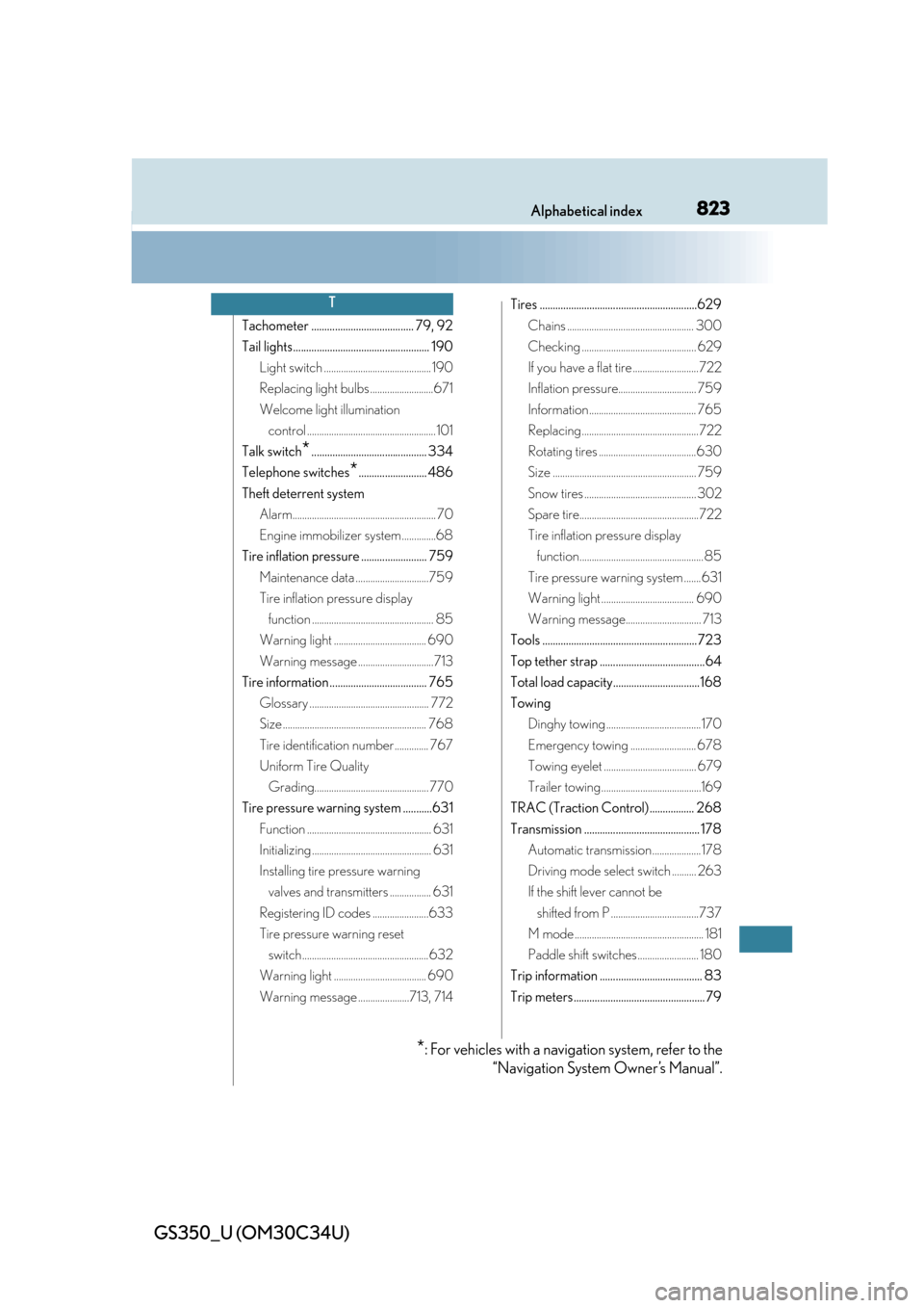 Lexus GS350 2013  2013-2014 GS350/450h TVIP V4 Remote Engine Starter (RES) Owners / LEXUS 2013 GS350 OWNERS MANUAL (OM30C34U) 823Alphabetical index
GS350_U (OM30C34U)
Tachometer ....................................... 79, 92
Tail lights.................................................... 190Light switch .....................