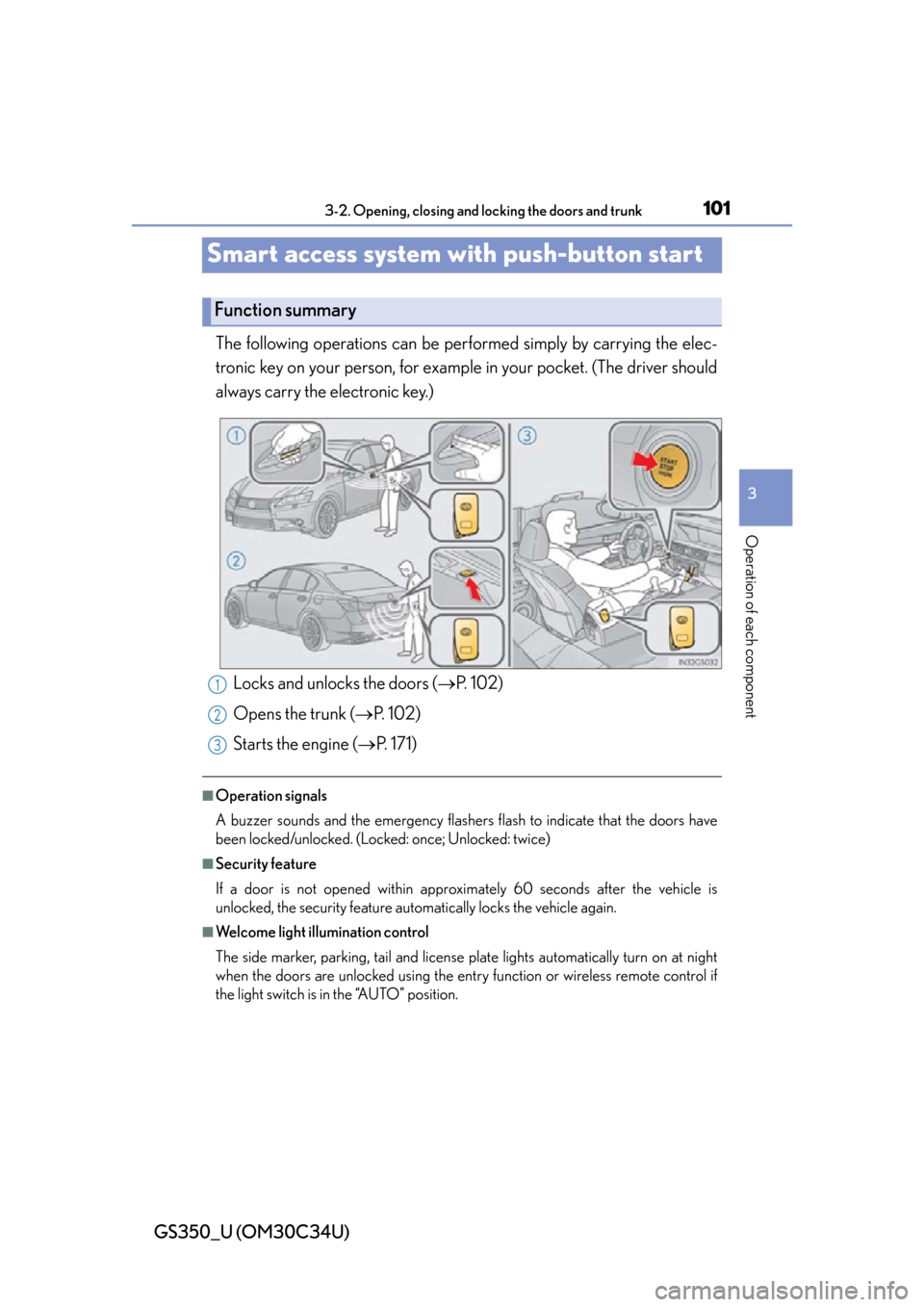 Lexus GS350 2013 Adjusting the steering wheel and mirrors / LEXUS 2013 GS350 OWNERS MANUAL (OM30C34U) 101
GS350_U (OM30C34U)3-2. Opening, closing and locking the doors and trunk
3
Operation of each component
Smart access system with push-button start
The following operations can be perf ormed simply b Lexus GS350 2013 Adjusting the steering wheel and mirrors / LEXUS 2013 GS350 OWNERS MANUAL (OM30C34U) 101
GS350_U (OM30C34U)3-2. Opening, closing and locking the doors and trunk
3
Operation of each component
Smart access system with push-button start
The following operations can be perf ormed simply b