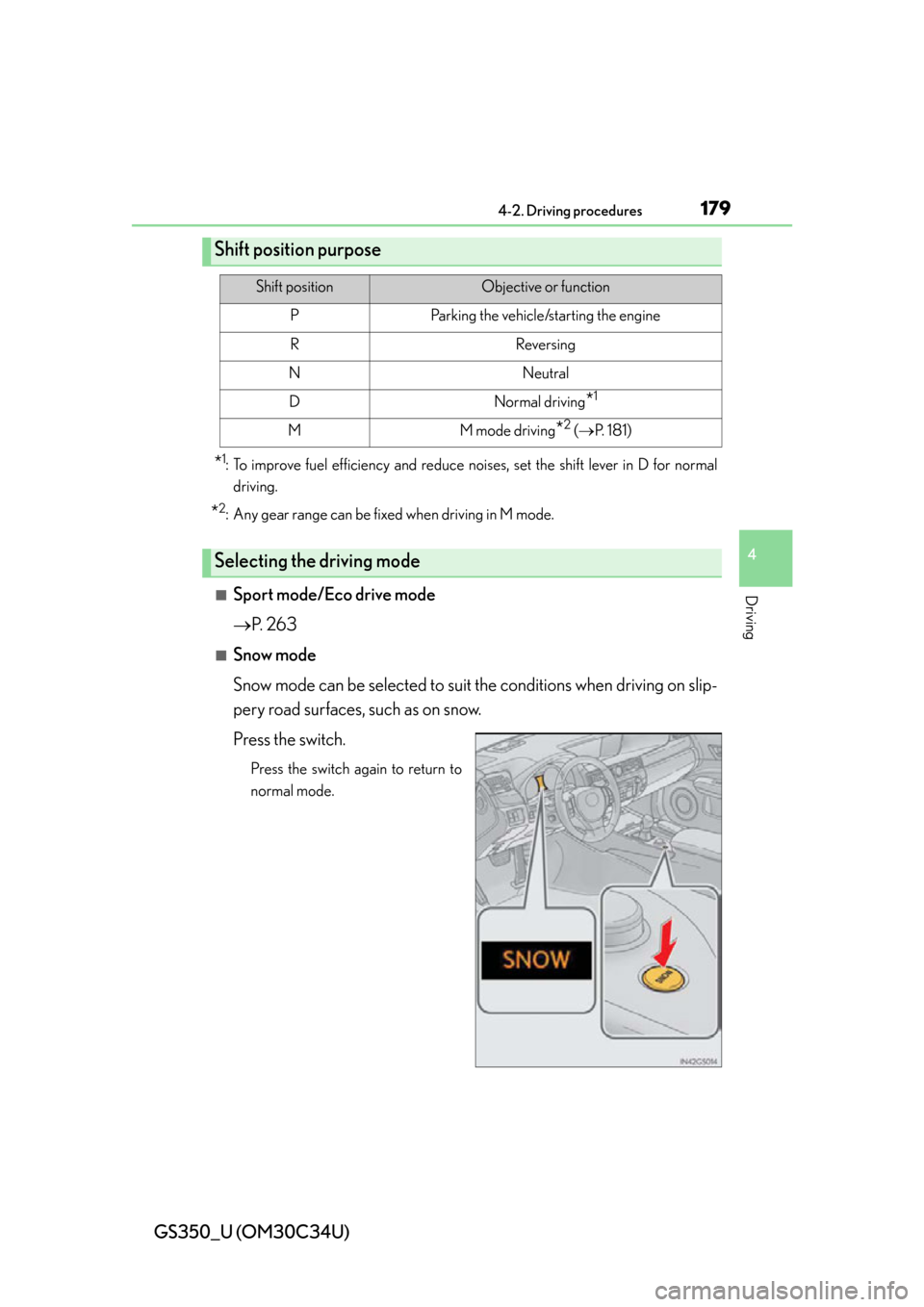Lexus GS350 2013 Adjusting the steering wheel and mirrors / LEXUS 2013 GS350 OWNERS MANUAL (OM30C34U) GS350_U (OM30C34U)
1794-2. Driving procedures
4
Driving
*1: To improve fuel efficiency and reduce noises, set the shift lever in D for normaldriving.
*2: Any gear range can be fixed when driving in M Lexus GS350 2013 Adjusting the steering wheel and mirrors / LEXUS 2013 GS350 OWNERS MANUAL (OM30C34U) GS350_U (OM30C34U)
1794-2. Driving procedures
4
Driving
*1: To improve fuel efficiency and reduce noises, set the shift lever in D for normaldriving.
*2: Any gear range can be fixed when driving in M
