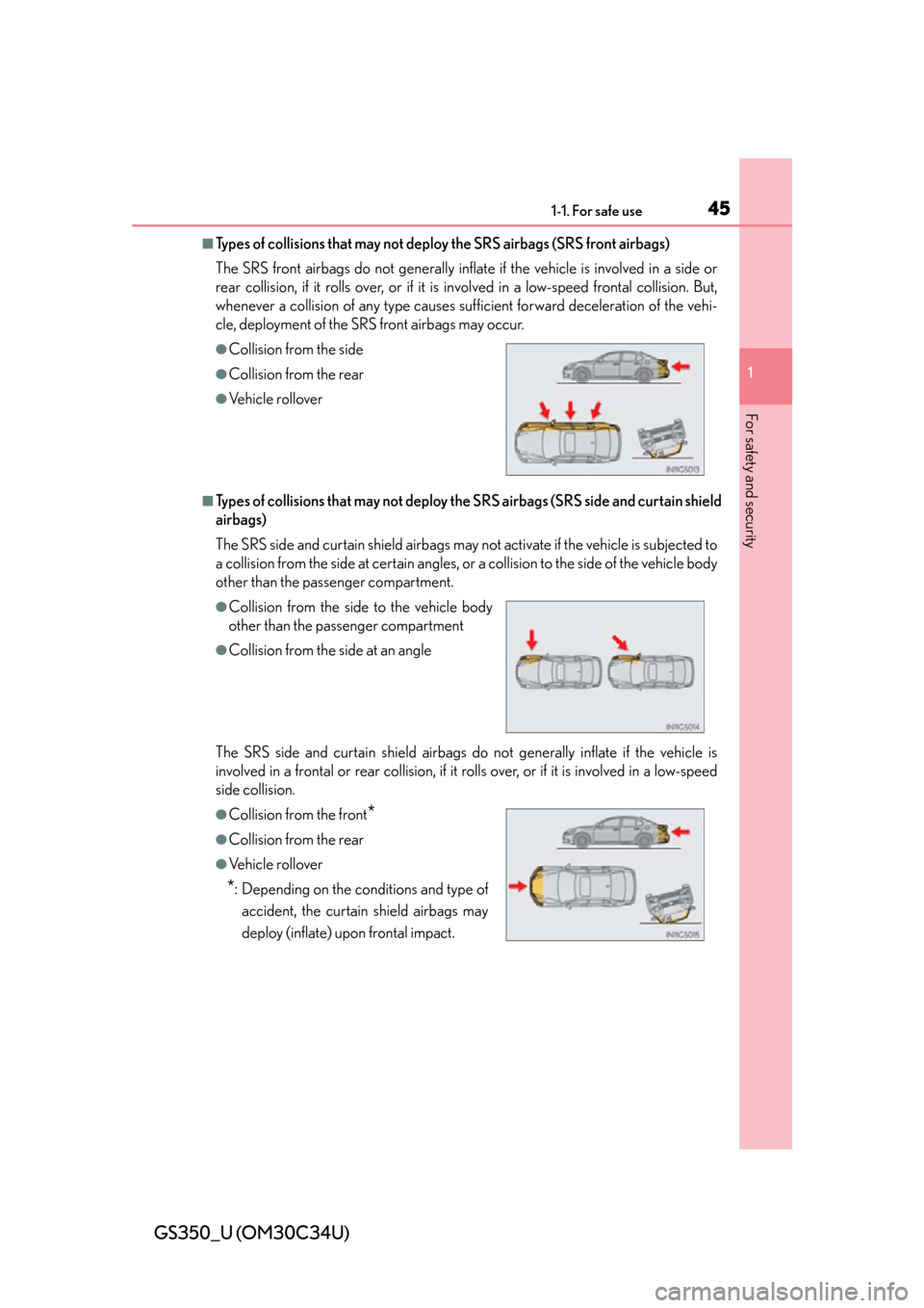 Lexus GS350 2013  Adjusting the steering wheel and mirrors / LEXUS 2013 GS350  (OM30C34U) Service Manual 451-1. For safe use
GS350_U (OM30C34U)
1
For safety and security
■Types of collisions that may not deploy the SRS airbags (SRS front airbags)
The SRS front airbags do not generally inflate if the ve