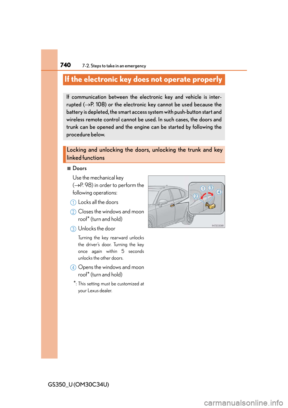 Lexus GS350 2013 Adjusting the steering wheel and mirrors / LEXUS 2013 GS350 OWNERS MANUAL (OM30C34U) 740
GS350_U (OM30C34U)
7-2. Steps to take in an emergency
If the electronic key does not operate properly
■Doors
Use the mechanical key
(P. 98) in order to perform the
following operations:
Lock Lexus GS350 2013 Adjusting the steering wheel and mirrors / LEXUS 2013 GS350 OWNERS MANUAL (OM30C34U) 740
GS350_U (OM30C34U)
7-2. Steps to take in an emergency
If the electronic key does not operate properly
■Doors
Use the mechanical key
(P. 98) in order to perform the
following operations:
Lock