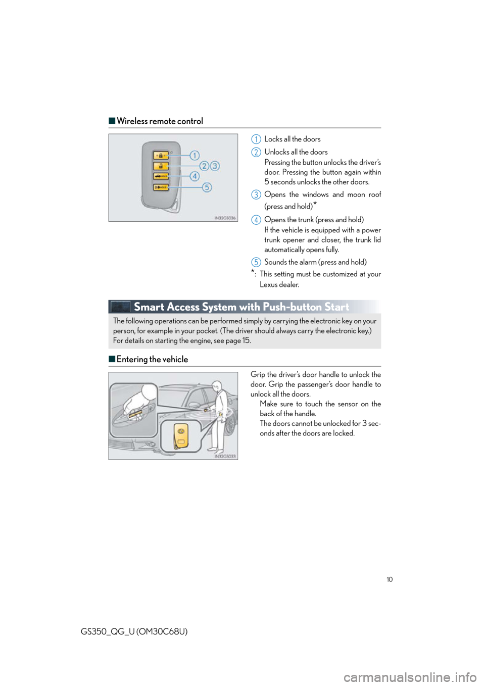 Lexus GS350 2013 Adjusting the steering wheel and mirrors / LEXUS 2013 GS350 QUICK GUIDE OWNERS MANUAL (OM30C68U) 10
GS350_QG_U (OM30C68U)
■Wireless remote control
Locks all the doors
Unlocks all the doors
Pressing the button unlocks the driver’s
door. Pressing the button again within
5 seconds unlocks the Lexus GS350 2013 Adjusting the steering wheel and mirrors / LEXUS 2013 GS350 QUICK GUIDE OWNERS MANUAL (OM30C68U) 10
GS350_QG_U (OM30C68U)
■Wireless remote control
Locks all the doors
Unlocks all the doors
Pressing the button unlocks the driver’s
door. Pressing the button again within
5 seconds unlocks the