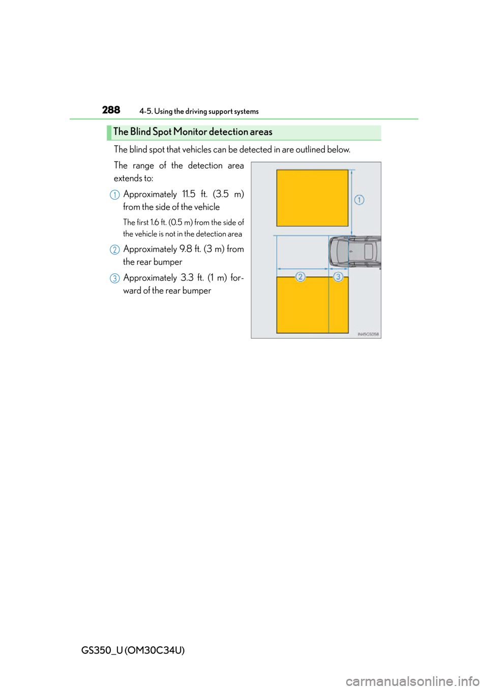Lexus GS350 2013 Theft deterrent system / LEXUS 2013 GS350 OWNERS MANUAL (OM30C34U) 288
GS350_U (OM30C34U)
4-5. Using the driving support systems
The blind spot that vehicles can be detected in are outlined below.
The range of the detection area
extends to:Approximately 11.5 ft. (3.5 Lexus GS350 2013 Theft deterrent system / LEXUS 2013 GS350 OWNERS MANUAL (OM30C34U) 288
GS350_U (OM30C34U)
4-5. Using the driving support systems
The blind spot that vehicles can be detected in are outlined below.
The range of the detection area
extends to:Approximately 11.5 ft. (3.5