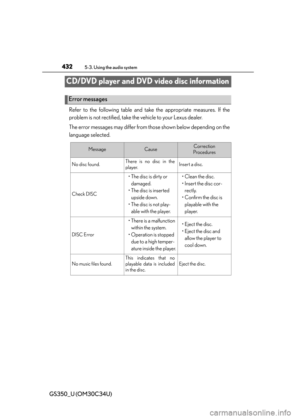 Lexus GS350 2013  Theft deterrent system / LEXUS 2013 GS350 OWNERS MANUAL (OM30C34U) 432
GS350_U (OM30C34U)
5-3. Using the audio system
CD/DVD player and DVD video disc information
Refer to the following table and take the appropriate measures. If the
problem is not rectified, take th Lexus GS350 2013  Theft deterrent system / LEXUS 2013 GS350 OWNERS MANUAL (OM30C34U) 432
GS350_U (OM30C34U)
5-3. Using the audio system
CD/DVD player and DVD video disc information
Refer to the following table and take the appropriate measures. If the
problem is not rectified, take th