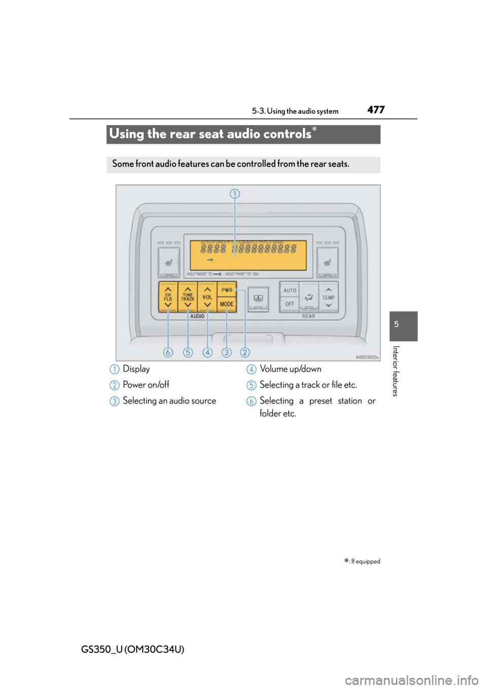 Lexus GS350 2013  Theft deterrent system / LEXUS 2013 GS350 OWNERS MANUAL (OM30C34U) 477
GS350_U (OM30C34U)5-3. Using the audio system
5
Interior features
Using the rear seat audio controls
: If equipped
Some front audio features can be controlled from the rear seats.
Display
Po