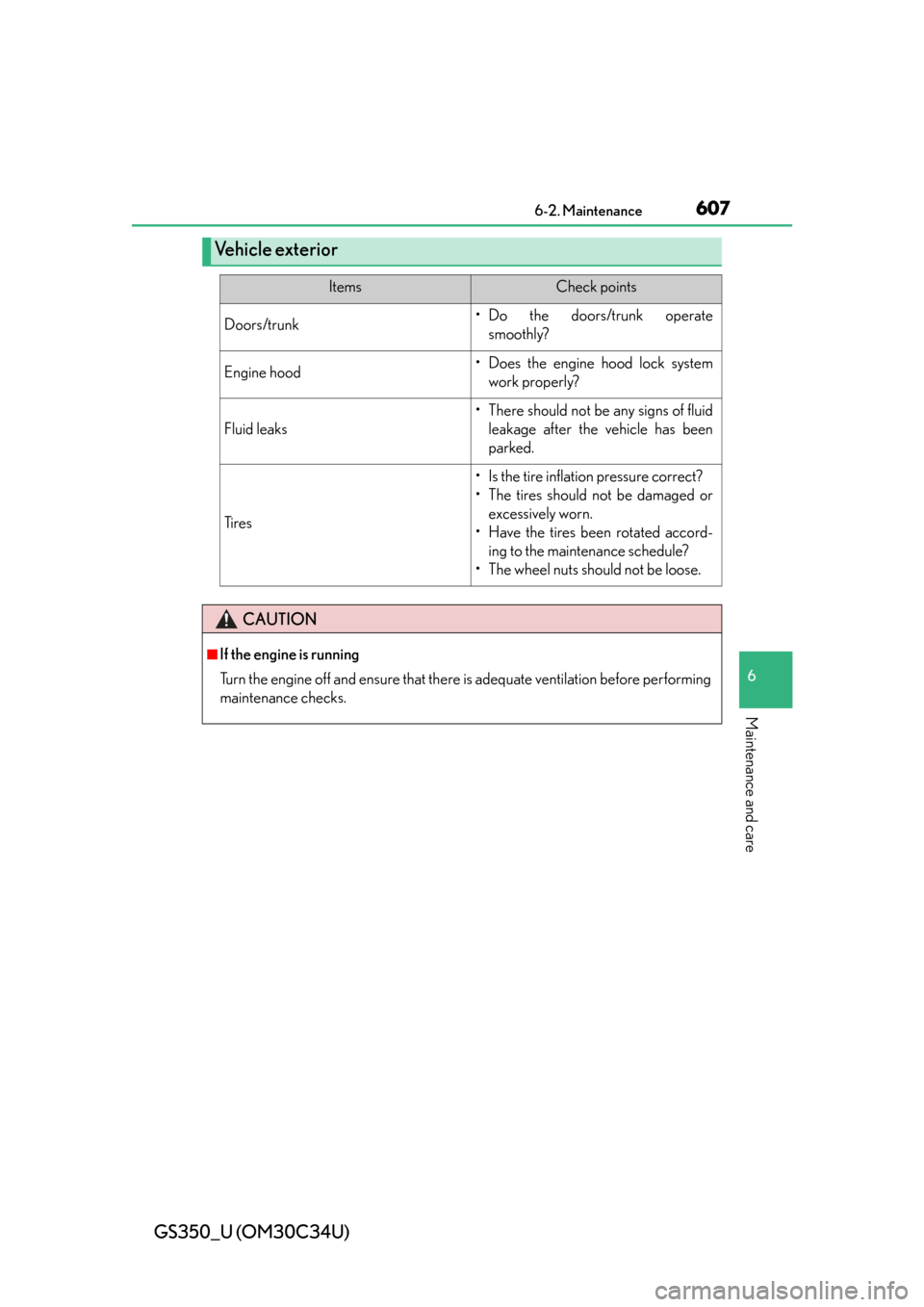 Lexus GS350 2013  Using the interior lights / LEXUS 2013 GS350 OWNERS MANUAL (OM30C34U) GS350_U (OM30C34U)
6076-2. Maintenance
6
Maintenance and care
Ve h i c l e  e x t e r i o r
ItemsCheck points
Doors/trunk• Do the doors/trunk operatesmoothly?
Engine hood• Does the engine hood loc