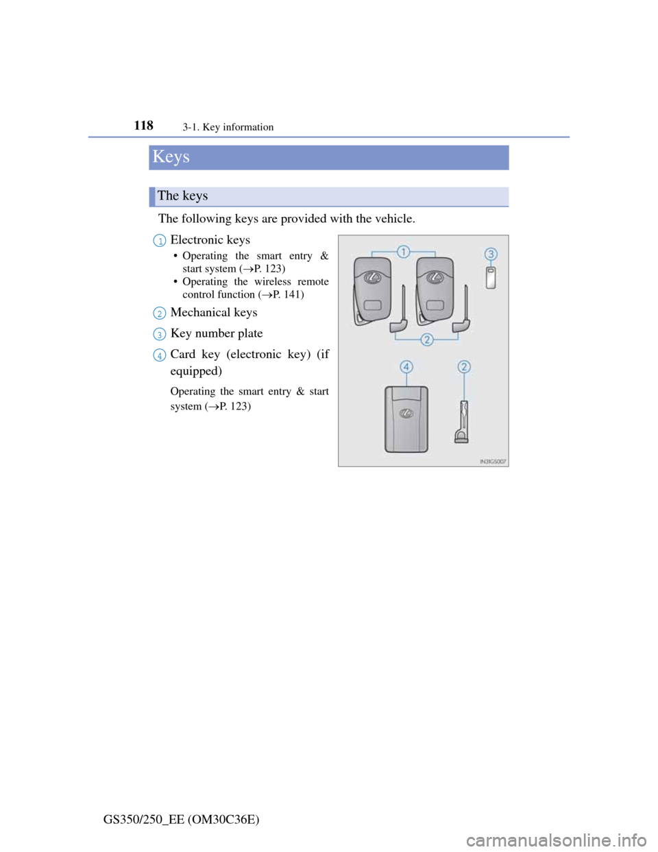 Lexus GS350 2012 Owners Manual 1183-1. Key information
GS350/250_EE (OM30C36E)
Keys
The following keys are provided with the vehicle.
Electronic keys
• Operating the smart entry &
start system (P. 123)
• Operating the wirele Lexus GS350 2012 Owners Manual 1183-1. Key information
GS350/250_EE (OM30C36E)
Keys
The following keys are provided with the vehicle.
Electronic keys
• Operating the smart entry &
start system (P. 123)
• Operating the wirele