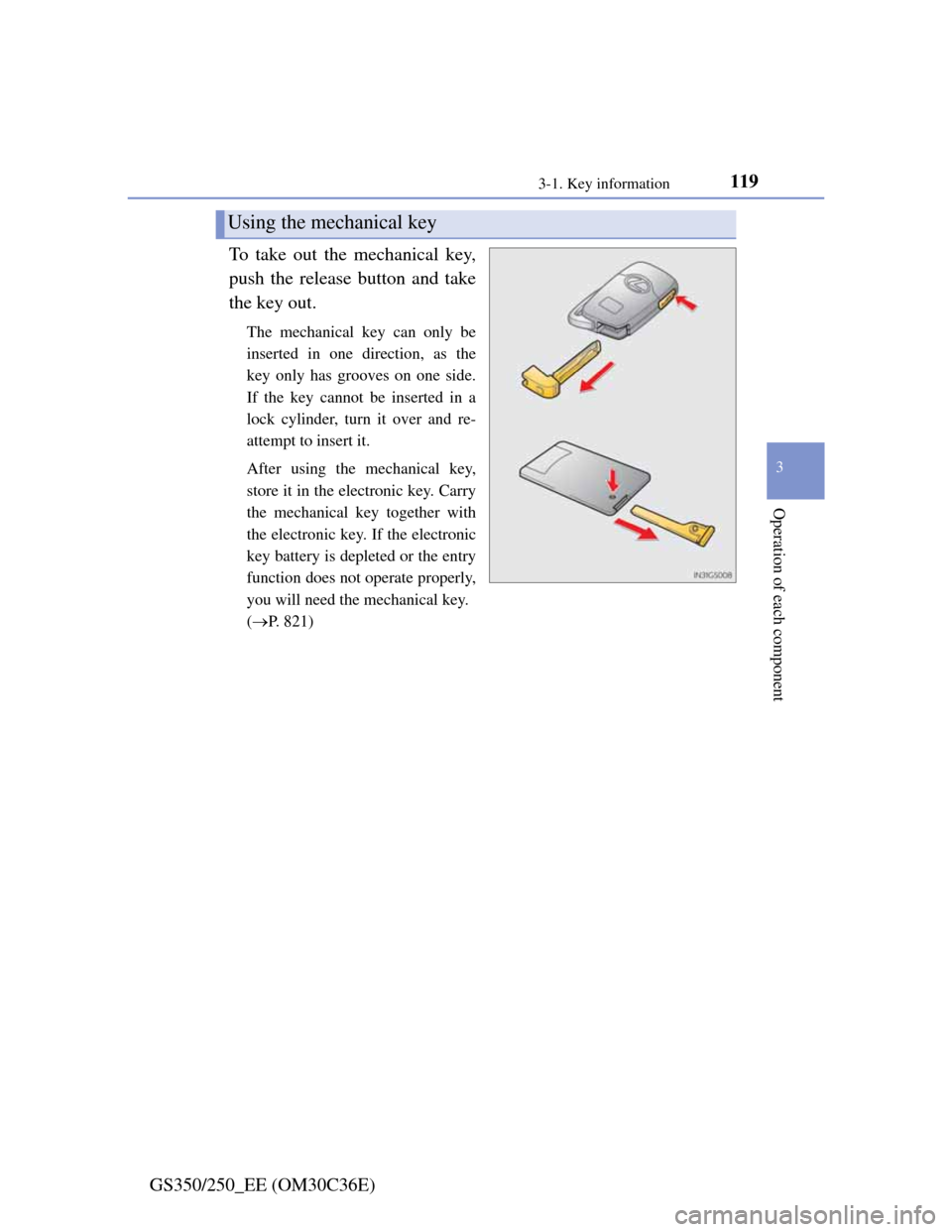 Lexus GS350 2012  Owners Manual 1193-1. Key information
3
Operation of each component
GS350/250_EE (OM30C36E)To take out the mechanical key,
push the release button and take
the key out.
The mechanical key can only be
inserted in on