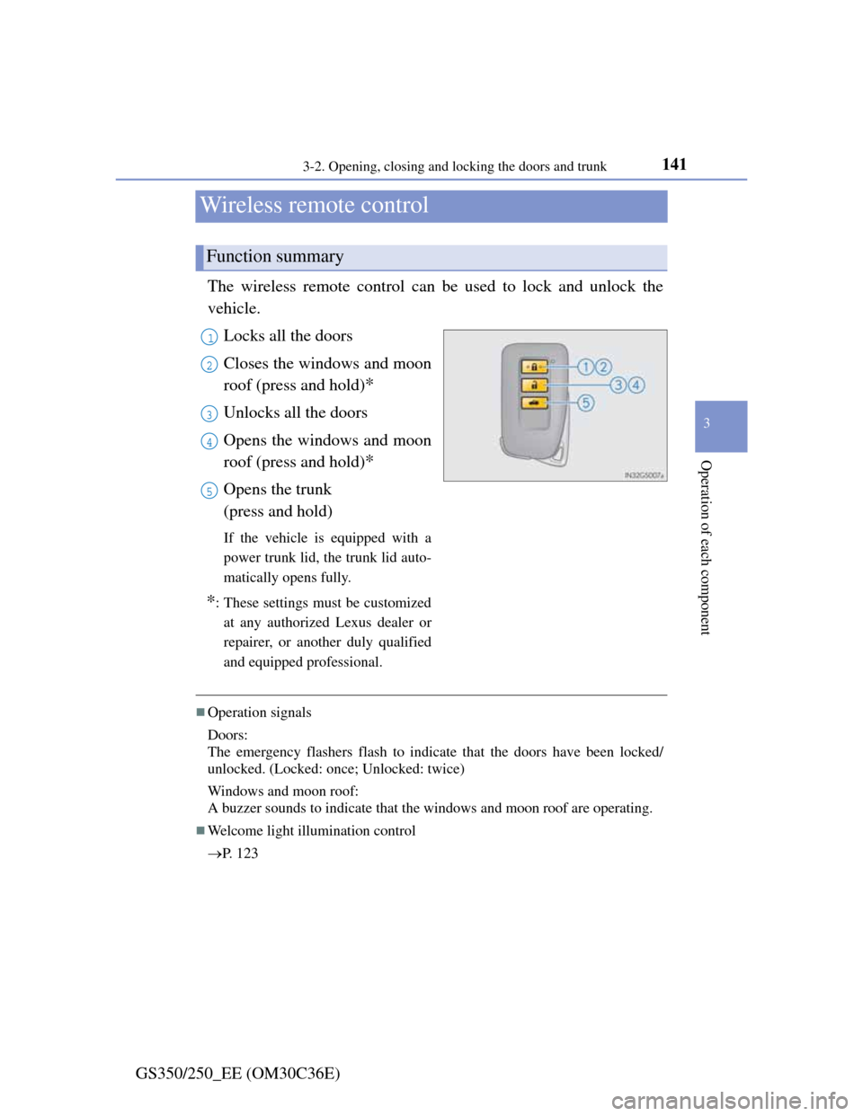 Lexus GS350 2012  Owners Manual 141
3 3-2. Opening, closing and locking the doors and trunk
Operation of each component
GS350/250_EE (OM30C36E)
Wireless remote control
The wireless remote control can be used to lock and unlock the
v