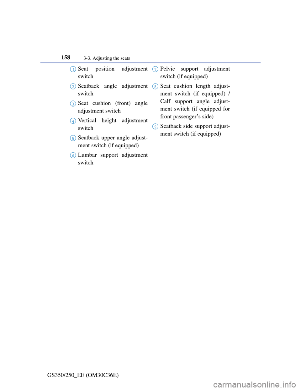Lexus GS350 2012  Owners Manual 1583-3. Adjusting the seats
GS350/250_EE (OM30C36E)Seat position adjustment
switch
Seatback angle adjustment
switch
Seat cushion (front) angle
adjustment switch
Vertical height adjustment
switch
Seatb