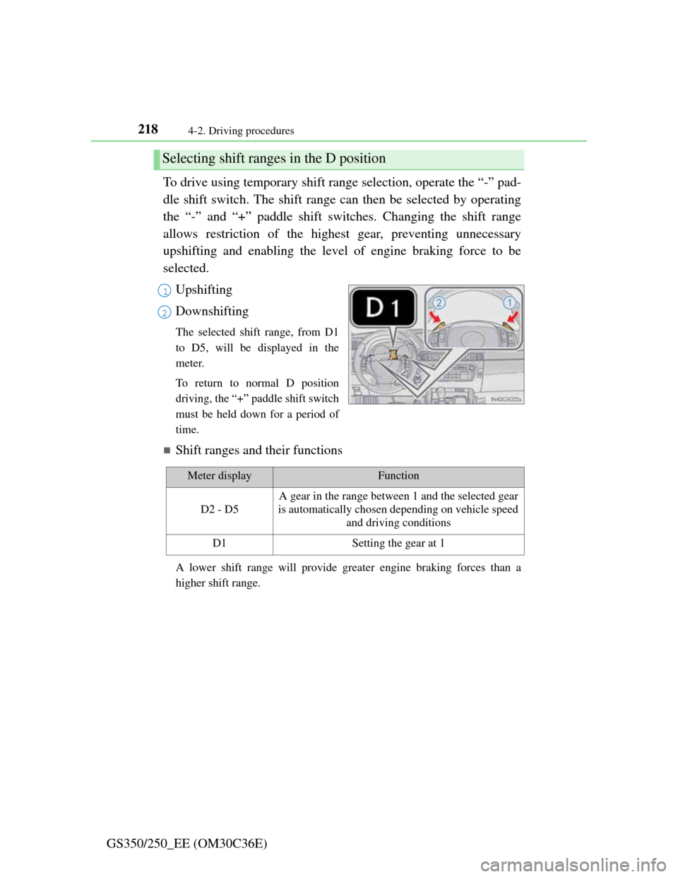 Lexus GS350 2012  Owners Manual 2184-2. Driving procedures
GS350/250_EE (OM30C36E)To drive using temporary shift range selection, operate the “-” pad-
dle shift switch. The shift range can then be selected by operating
the “-