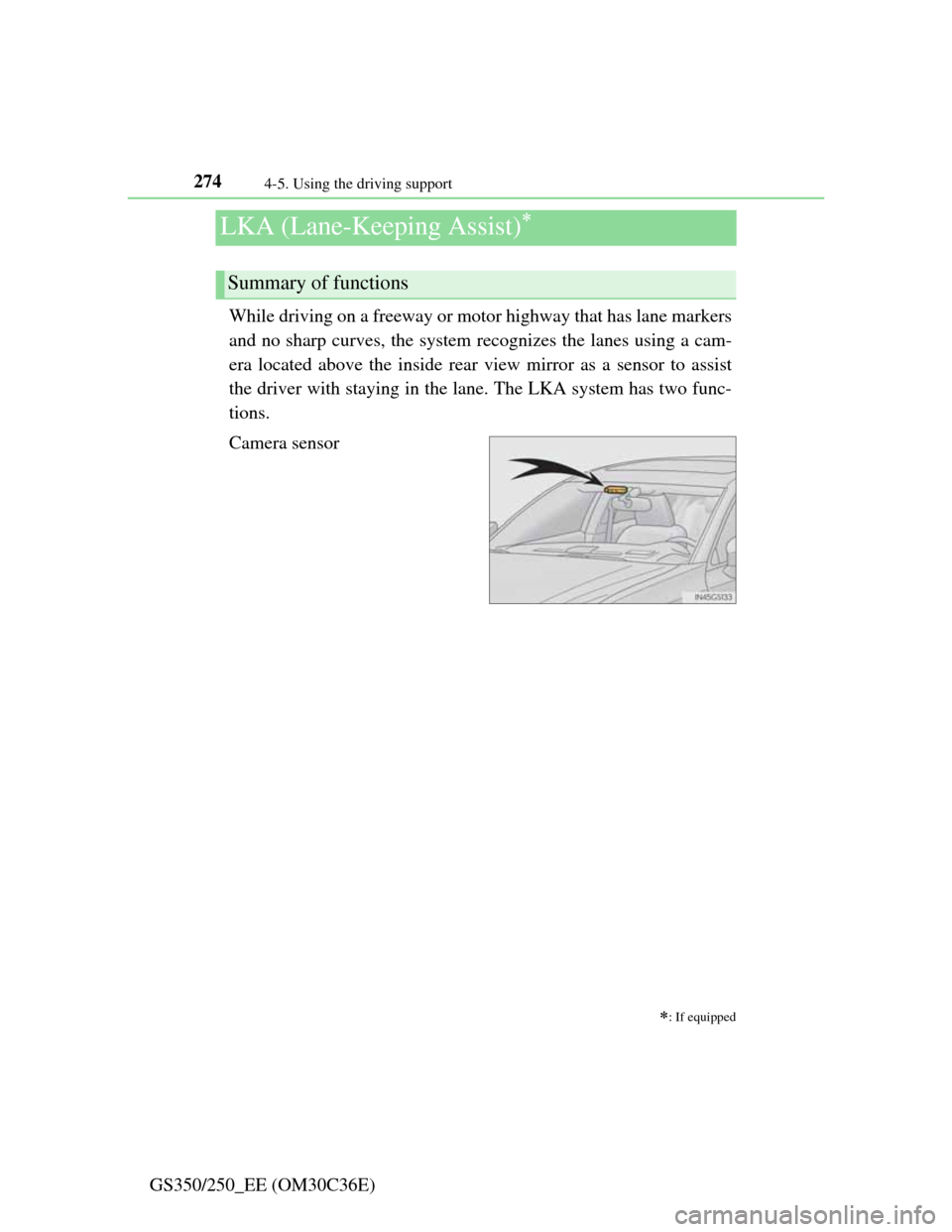 Lexus GS350 2012  Owners Manual 2744-5. Using the driving support
GS350/250_EE (OM30C36E)
LKA (Lane-Keeping Assist)
While driving on a freeway or motor highway that has lane markers
and no sharp curves, the system recognizes the 