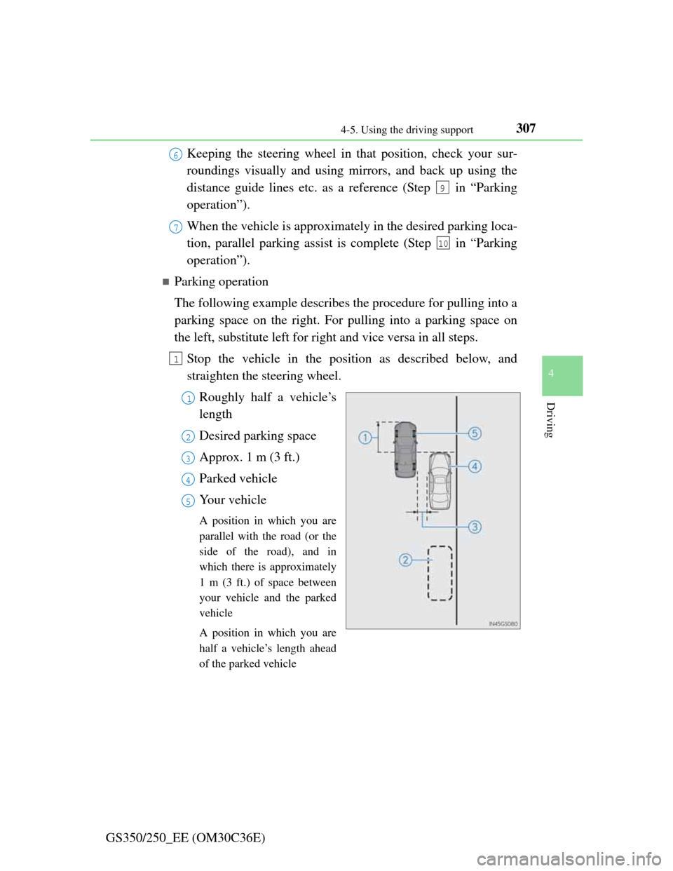 Lexus GS350 2012  Owners Manual 3074-5. Using the driving support
4
Driving
GS350/250_EE (OM30C36E)Keeping the steering wheel in that position, check your sur-
roundings visually and using mirrors, and back up using the
distance gui