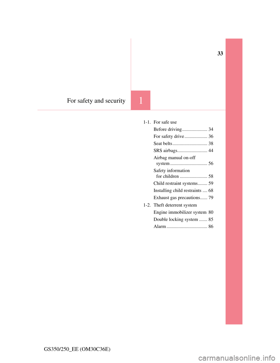 Lexus GS350 2012  Owners Manual 33
1For safety and security
GS350/250_EE (OM30C36E)
1-1. For safe use
Before driving ..................... 34
For safety drive ................... 36
Seat belts ............................. 38
SRS ai