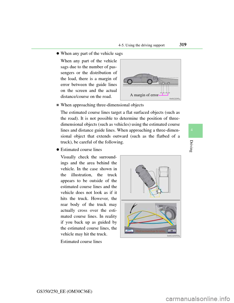 Lexus GS350 2012  Owners Manual 3194-5. Using the driving support
4
Driving
GS350/250_EE (OM30C36E)
When any part of the vehicle sags
When any part of the vehicle
sags due to the number of pas-
sengers or the distribution of
the 
