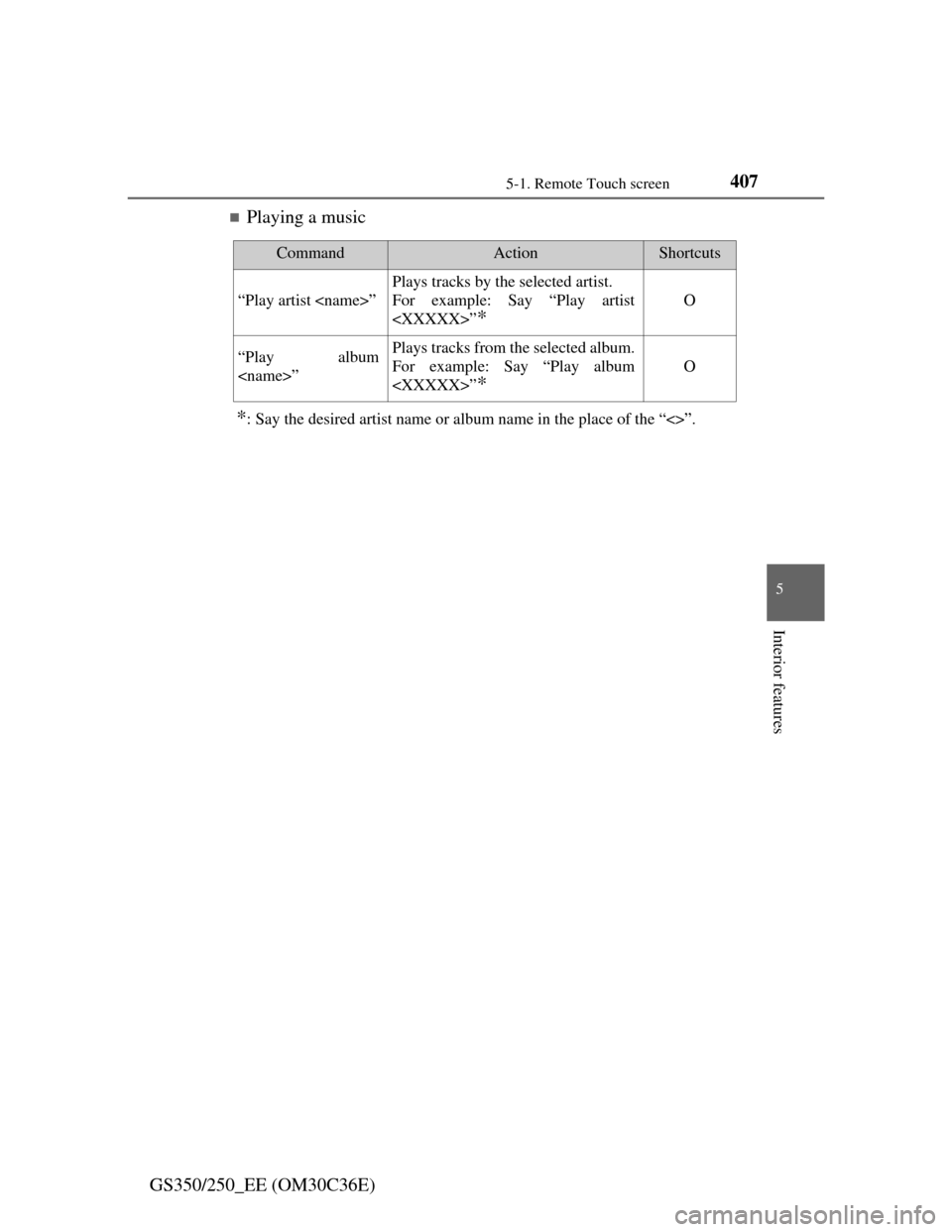 Lexus GS350 2012  Owners Manual 4075-1. Remote Touch screen
5
Interior features
GS350/250_EE (OM30C36E)
Playing a music
*: Say the desired artist name or album name in the place of the “<>”.
CommandActionShortcuts
“Play art