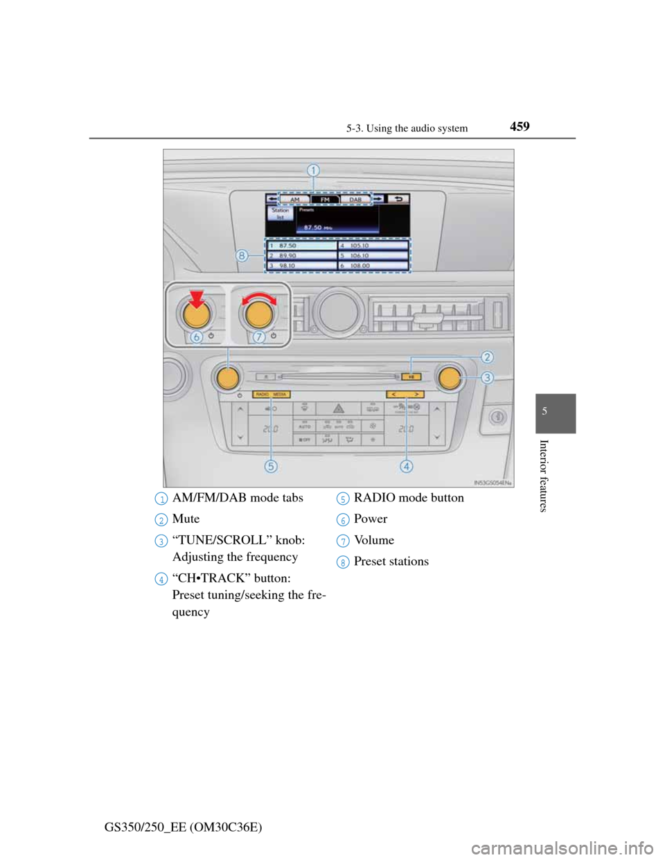 Lexus GS350 2012  Owners Manual 4595-3. Using the audio system
5
Interior features
GS350/250_EE (OM30C36E)
AM/FM/DAB mode tabs
Mute
“TUNE/SCROLL” knob: 
Adjusting the frequency
“CH•TRACK” button: 
Preset tuning/seeking the