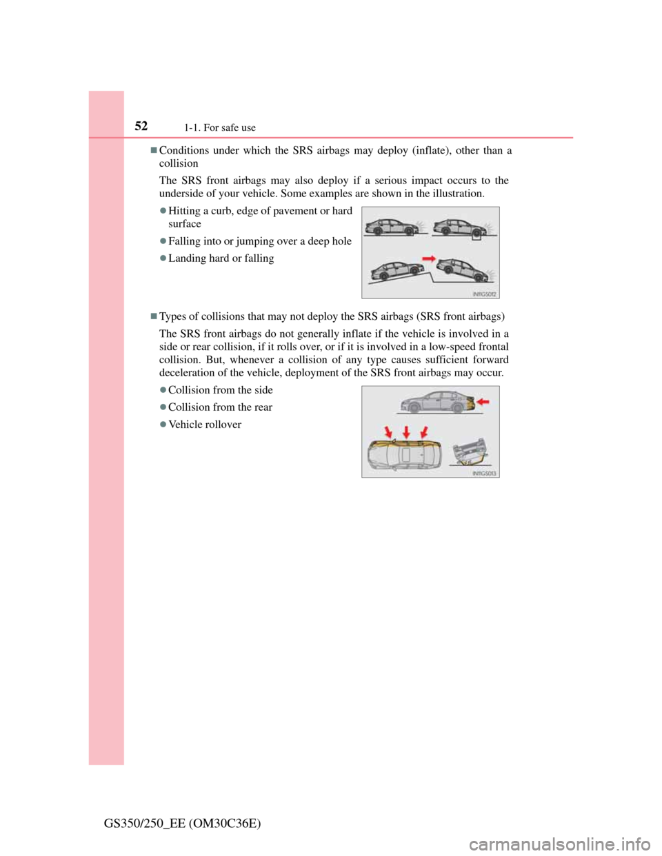 Lexus GS350 2012  Owners Manual 521-1. For safe use
GS350/250_EE (OM30C36E)
Conditions under which the SRS airbags may deploy (inflate), other than a
collision 
The SRS front airbags may also deploy if a serious impact occurs to 