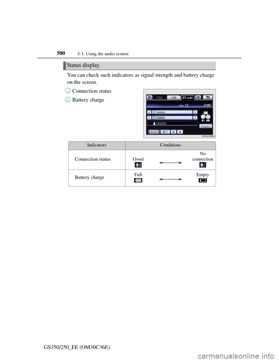 Lexus GS350 2012  Owners Manual 5005-3. Using the audio system
GS350/250_EE (OM30C36E)You can check such indicators as signal strength and battery charge
on the screen.
Connection status
Battery charge
Status display
1
2
IndicatorsC