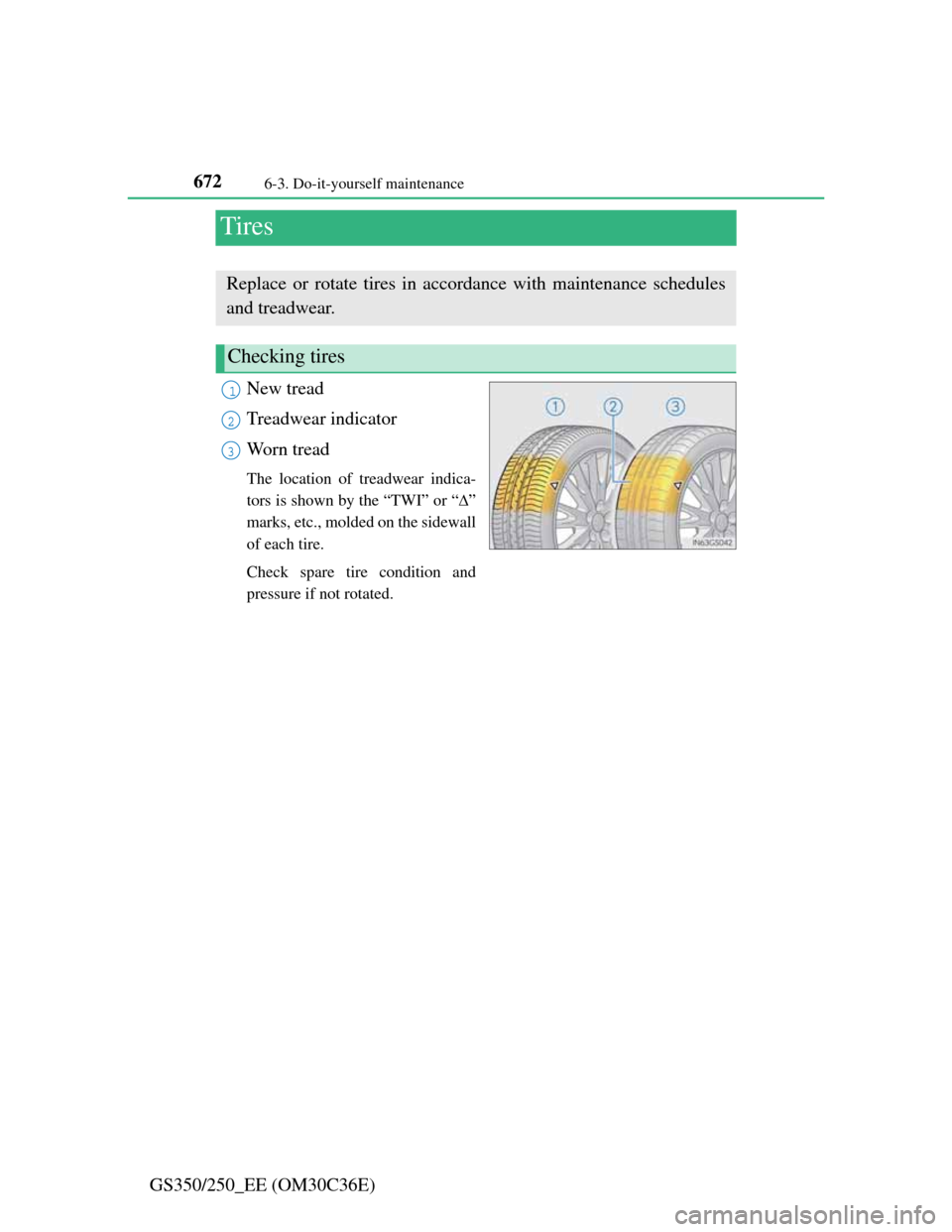 Lexus GS350 2012  Owners Manual 6726-3. Do-it-yourself maintenance
GS350/250_EE (OM30C36E)
Tires
New tread
Treadwear indicator
Worn tread
The location of treadwear indica-
tors is shown by the “TWI” or “”
marks, etc., mol