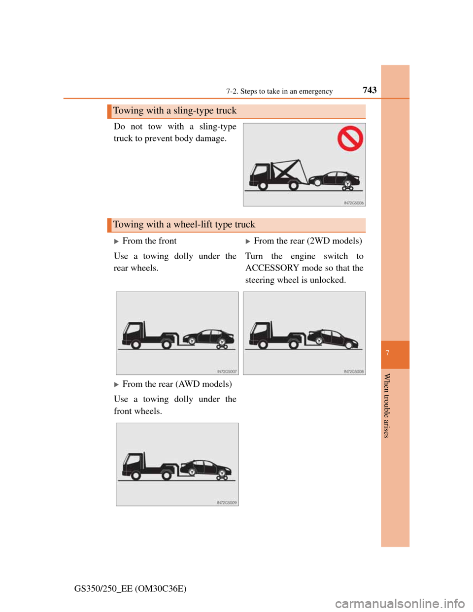 Lexus GS350 2012  Owners Manual 7437-2. Steps to take in an emergency
7
When trouble arises
GS350/250_EE (OM30C36E)Do not tow with a sling-type
truck to prevent body damage.
Towing with a sling-type truck
Towing with a wheel-lift ty