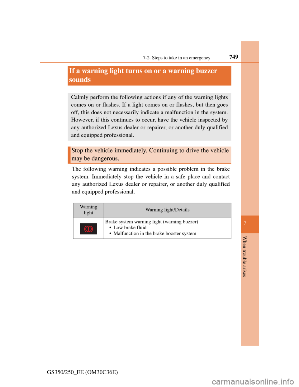 Lexus GS350 2012  Owners Manual 749
7 7-2. Steps to take in an emergency
When trouble arises
GS350/250_EE (OM30C36E)
If a warning light turns on or a warning buzzer 
sounds
The following warning indicates a possible problem in the b
