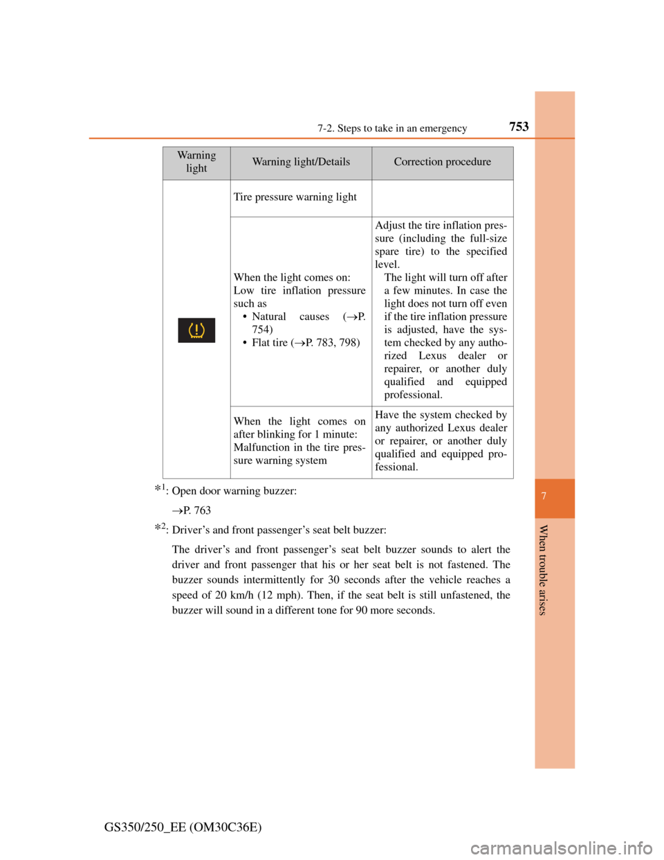Lexus GS350 2012 Owners Manual 7537-2. Steps to take in an emergency
7
When trouble arises
GS350/250_EE (OM30C36E)
*1: Open door warning buzzer:
P. 7 6 3
*2: Driver’s and front passenger’s seat belt buzzer:
The driver’s a Lexus GS350 2012 Owners Manual 7537-2. Steps to take in an emergency
7
When trouble arises
GS350/250_EE (OM30C36E)
*1: Open door warning buzzer:
P. 7 6 3
*2: Driver’s and front passenger’s seat belt buzzer:
The driver’s a