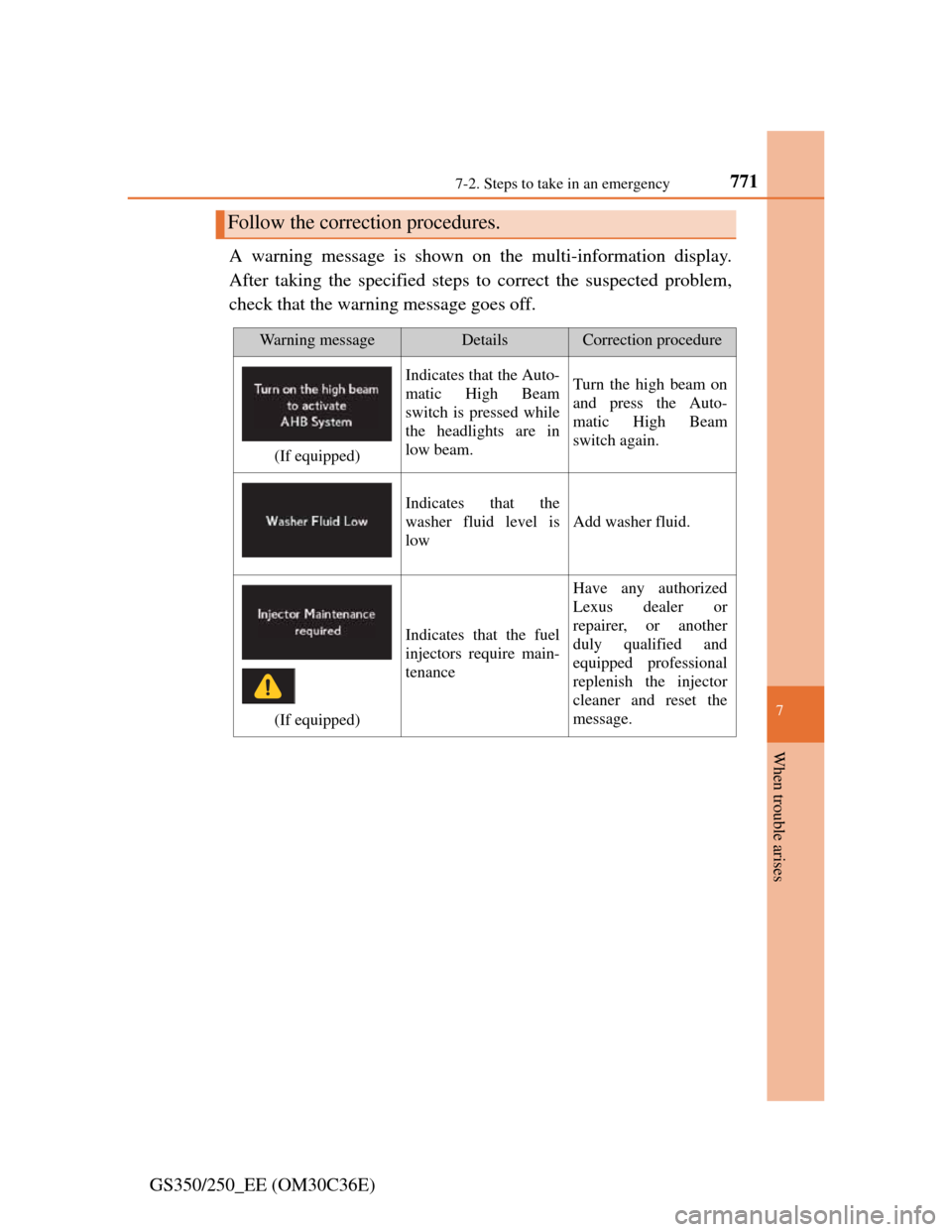 Lexus GS350 2012  Owners Manual 7717-2. Steps to take in an emergency
7
When trouble arises
GS350/250_EE (OM30C36E)A warning message is shown on the multi-information display.
After taking the specified steps to correct the suspecte