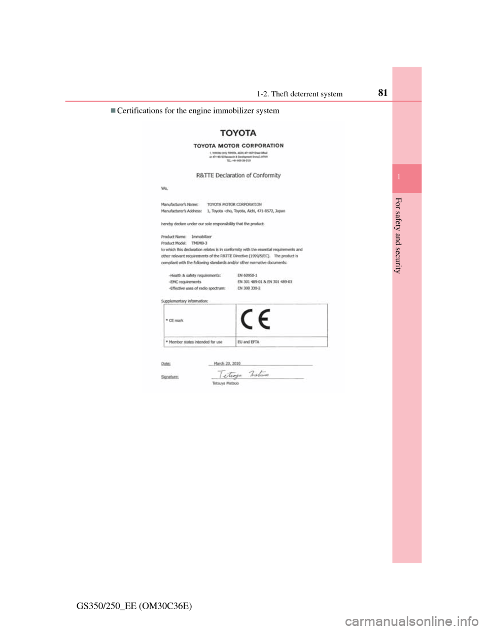 Lexus GS350 2012 Manual Online 811-2. Theft deterrent system
1
GS350/250_EE (OM30C36E)
For safety and security
Certifications for the engine immobilizer system 