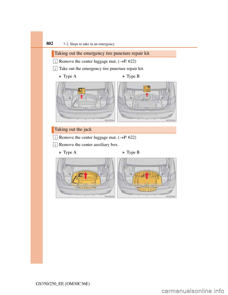 Lexus GS350 2012  Owners Manual 8027-2. Steps to take in an emergency
GS350/250_EE (OM30C36E)Remove the center luggage mat. (P. 622)
Take out the emergency tire puncture repair kit.
Remove the center luggage mat. (P. 622)
Remo