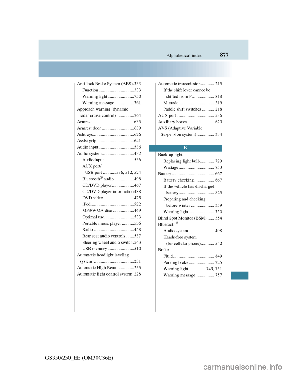Lexus GS350 2012  Owners Manual 877Alphabetical index
GS350/250_EE (OM30C36E)
Anti-lock Brake System (ABS) .333
Function ................................333
Warning light........................750
Warning message..................7