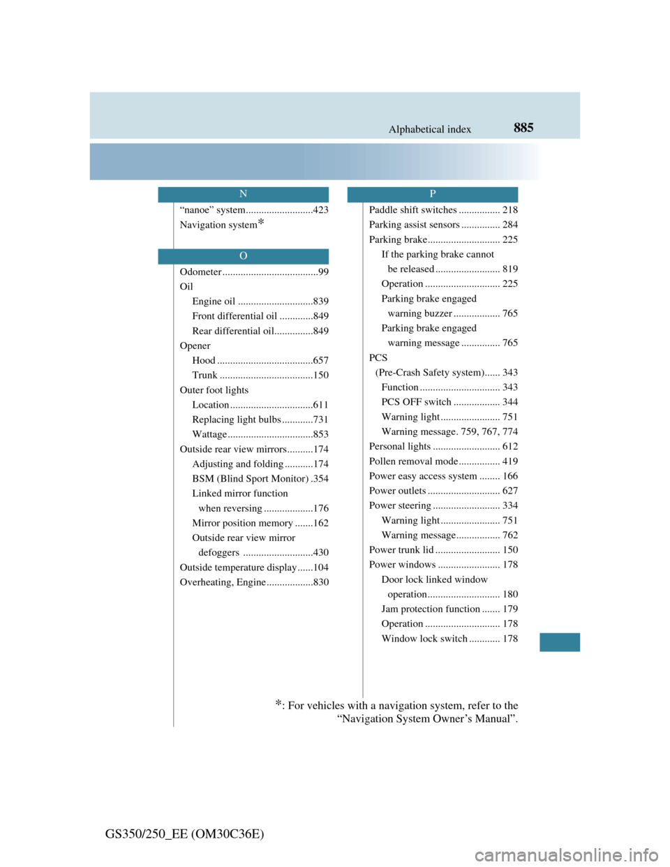 Lexus GS350 2012  Owners Manual 885Alphabetical index
GS350/250_EE (OM30C36E)
“nanoe” system..........................423
Navigation system
*
Odometer .....................................99
Oil
Engine oil ......................