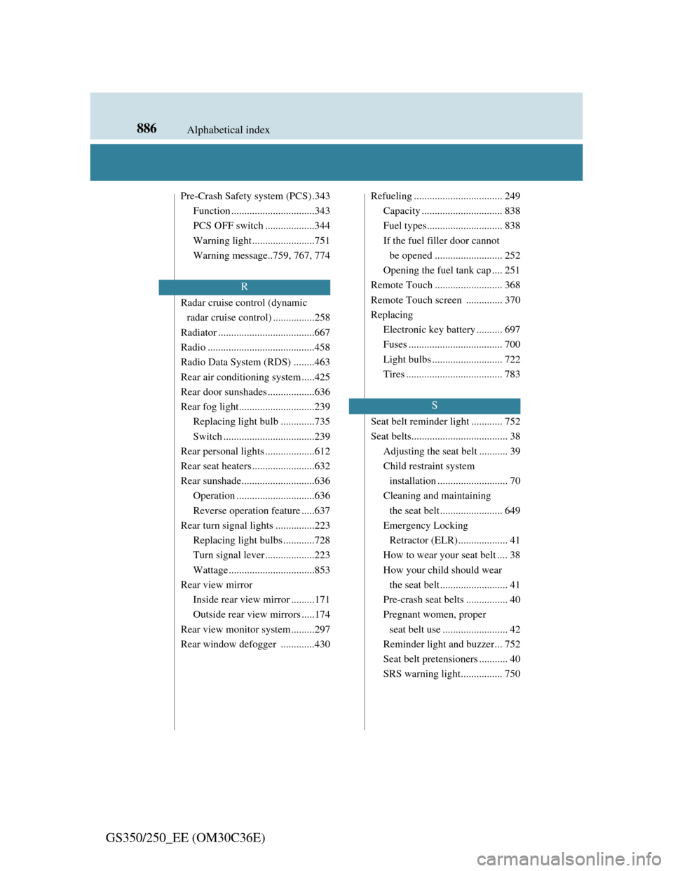 Lexus GS350 2012  Owners Manual 886Alphabetical index
GS350/250_EE (OM30C36E)
Pre-Crash Safety system (PCS) .343
Function ................................343
PCS OFF switch ...................344
Warning light.......................