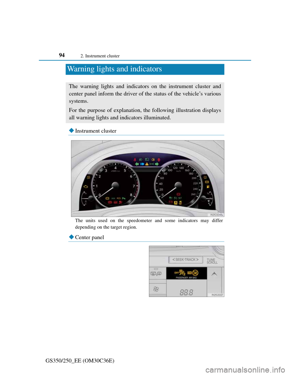 Lexus GS350 2012 User Guide 942. Instrument cluster
GS350/250_EE (OM30C36E)
Warning lights and indicators
Instrument cluster
The units used on the speedometer and some indicators may differ
depending on the target region.
