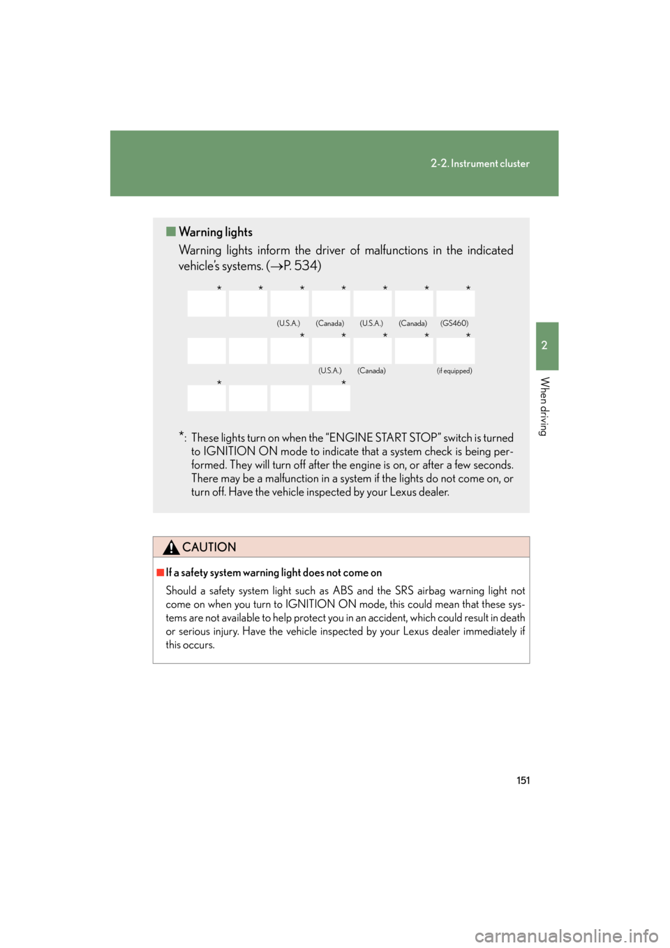 Lexus GS350 2011 Service Manual 151
2-2. Instrument cluster
2
When driving
GS_G_U (OM30C11U)
October 28, 2011 5:15 pm
CAUTION
■If a safety system warning light does not come on 
Should a safety system light such as ABS and the SRS