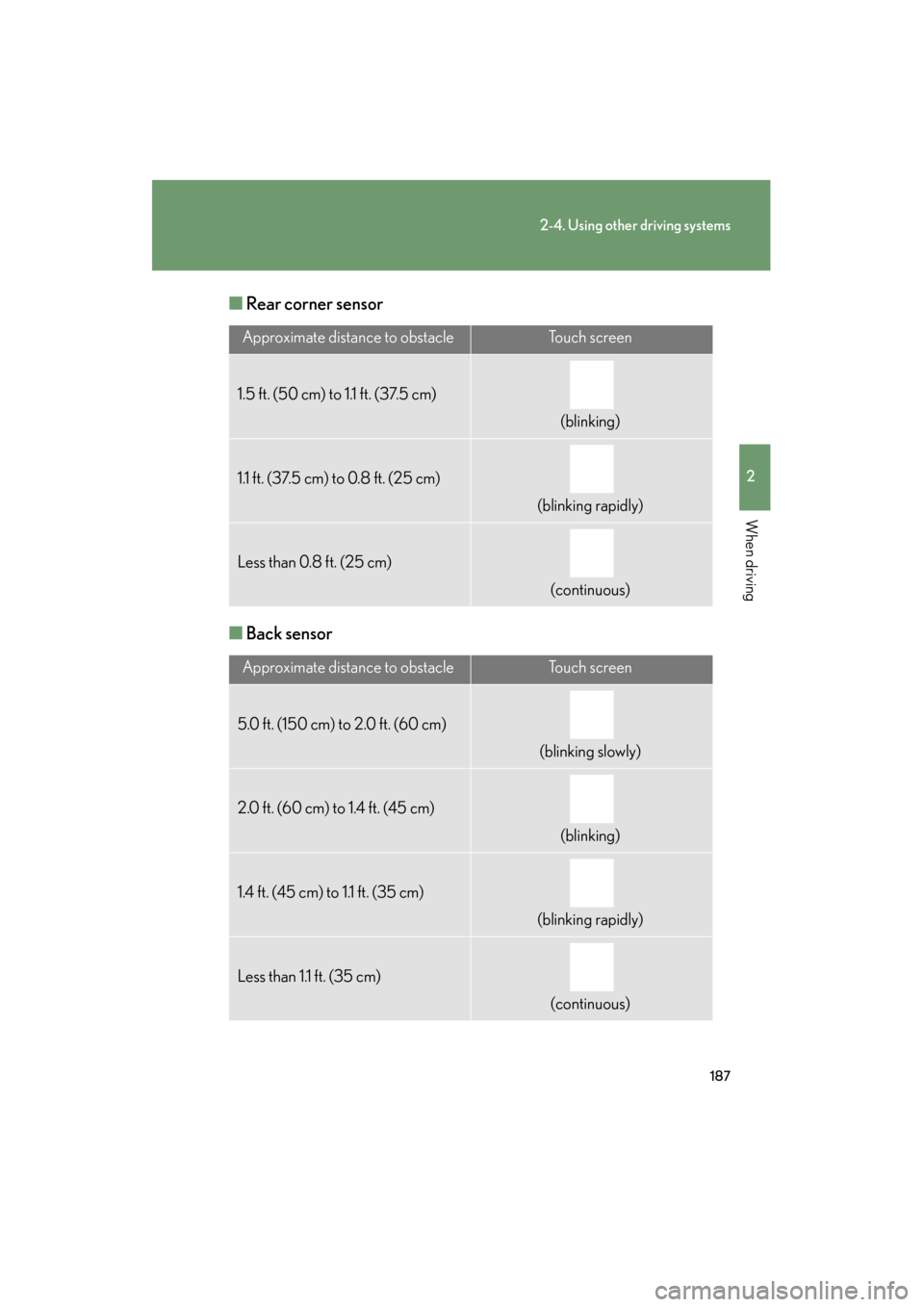 Lexus GS350 2011 Owners Manual 187
2-4. Using other driving systems
2
When driving
GS_G_U (OM30C11U)
October 28, 2011 5:15 pm
■Rear corner sensor
■ Back sensor
Approximate distance to obstacleTo u c h s c r e e n
1.5 ft. (50 c Lexus GS350 2011 Owners Manual 187
2-4. Using other driving systems
2
When driving
GS_G_U (OM30C11U)
October 28, 2011 5:15 pm
■Rear corner sensor
■ Back sensor
Approximate distance to obstacleTo u c h s c r e e n
1.5 ft. (50 c
