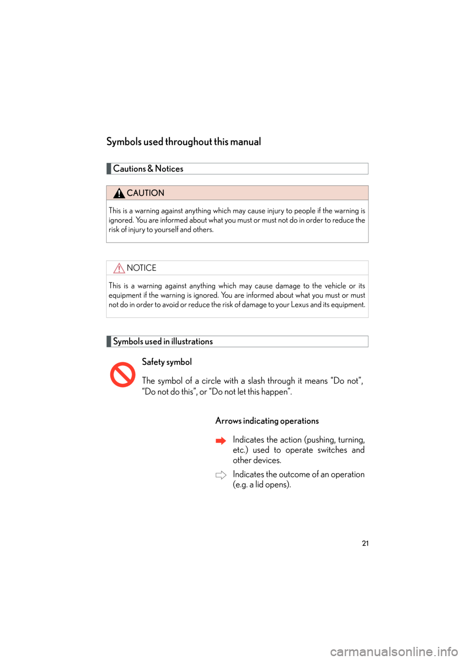 Lexus GS350 2011 Owners Guide 21
GS_G_U (OM30C11U)
May 21, 2010 12:06 pm
Symbols used throughout this manual
Cautions & Notices 
Symbols used in illustrations
CAUTION
This is a warning against anything which may cause injury to pe