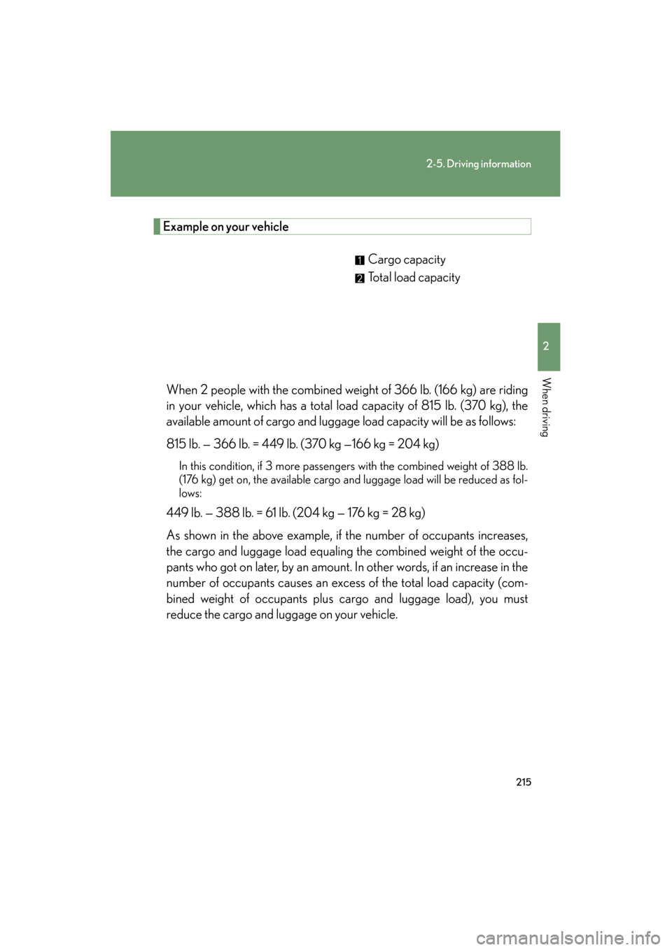 Lexus GS350 2011 Owners Manual 215
2-5. Driving information
2
When driving
GS_G_U (OM30C11U)
October 28, 2011 5:15 pm
Example on your vehicleCargo capacity
Total load capacity
When 2 people with the combined weight of 366 lb. (166 Lexus GS350 2011 Owners Manual 215
2-5. Driving information
2
When driving
GS_G_U (OM30C11U)
October 28, 2011 5:15 pm
Example on your vehicleCargo capacity
Total load capacity
When 2 people with the combined weight of 366 lb. (166
